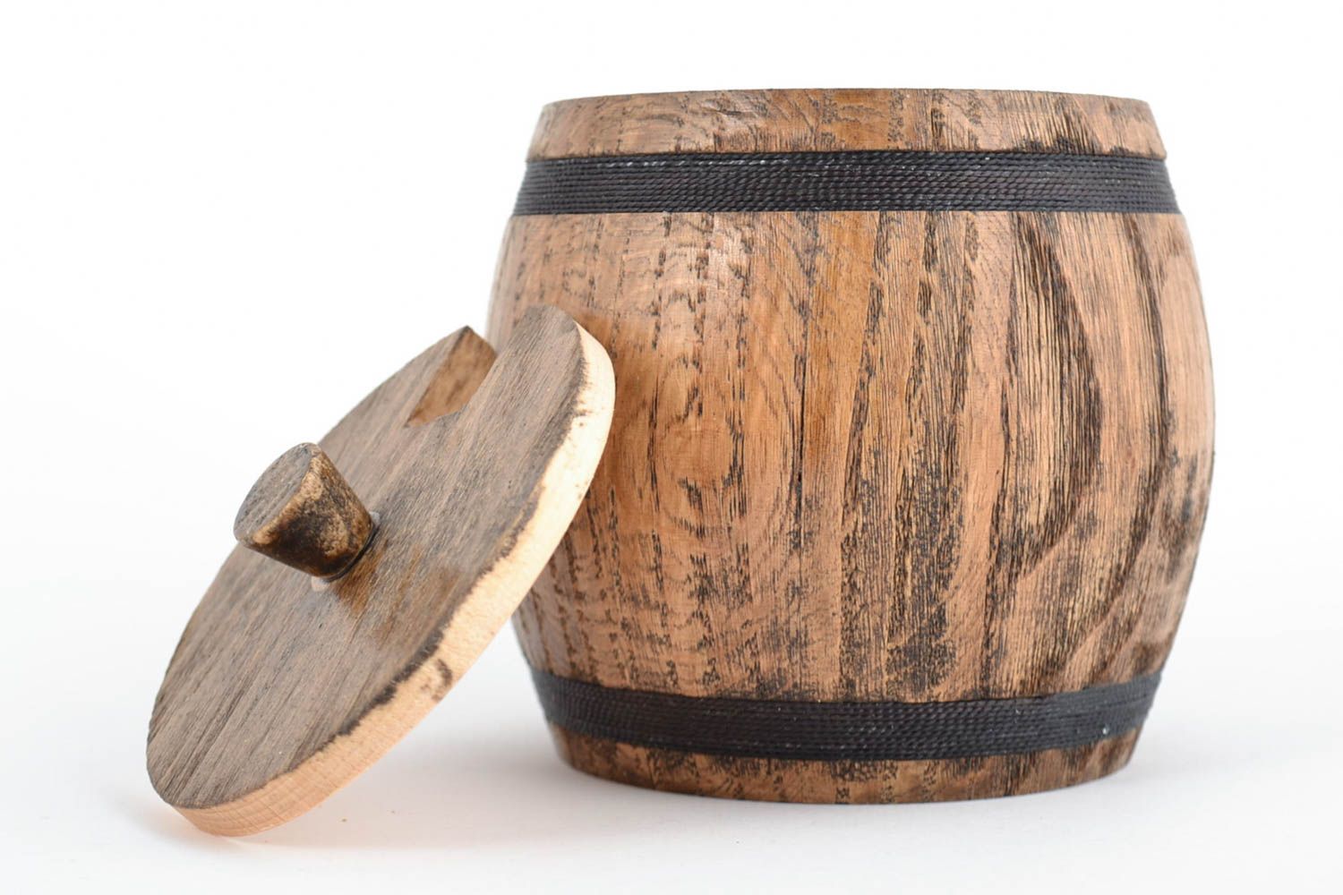 Pot de cuisine en bois avec couvercle fait main rond en forme de tonneau photo 4