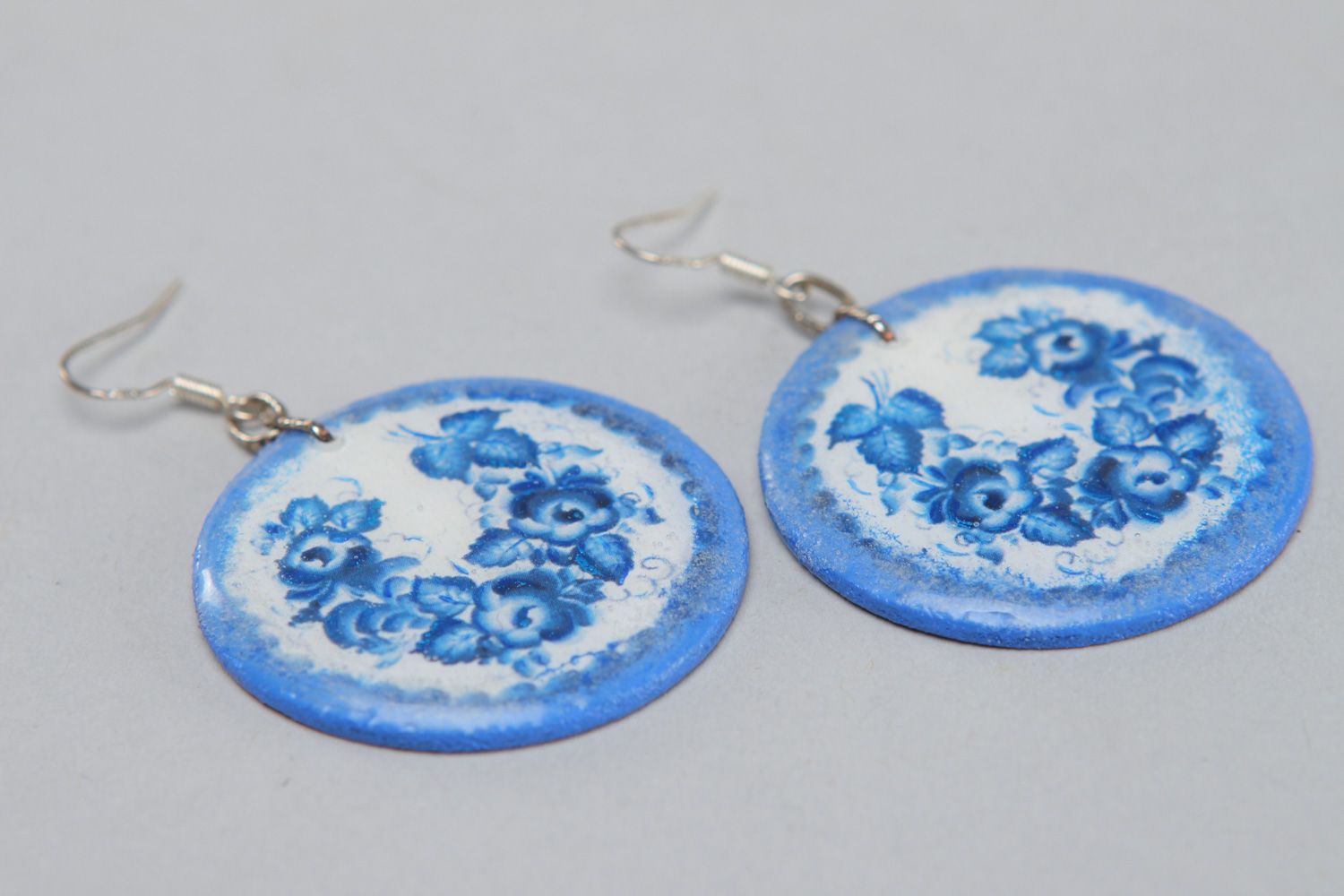 Handmade polymer clay dangle earrings with print coated with epoxy resin  photo 2