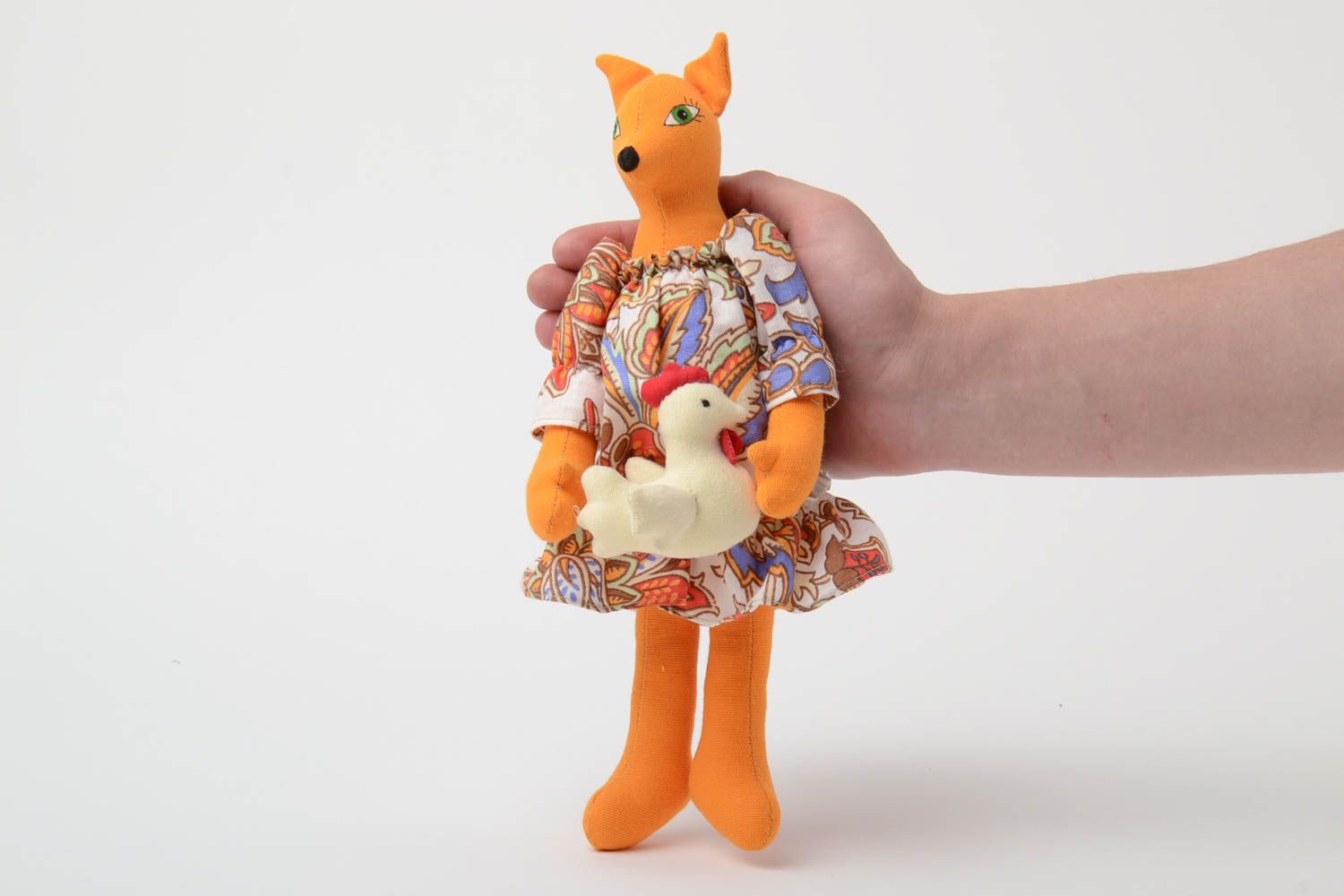 Oranges Designer Spielzeug handgemacht Fuchs aus Naturstoffen Leinen und Kattun  foto 5