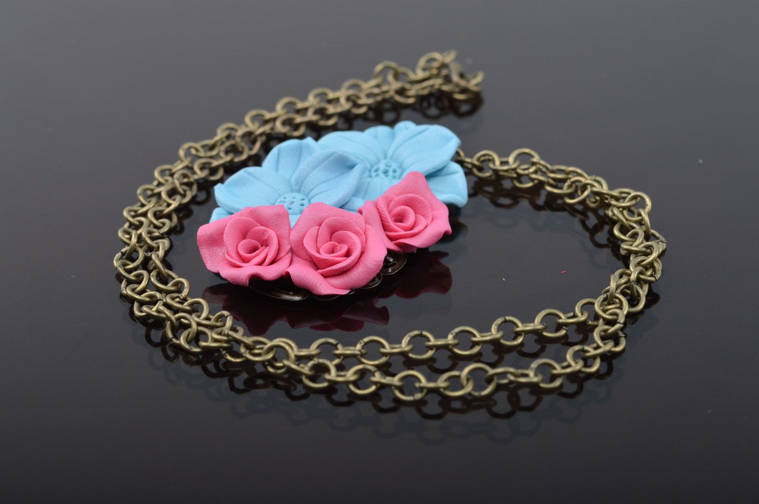 Homemade polymer clay flower neck pendant with metal chain photo 4