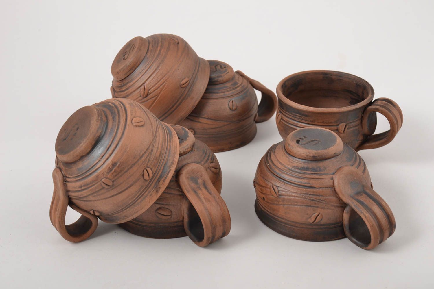 Set of 6 six clay 5 oz coffee cups with handle and coffee beans' pattern photo 5