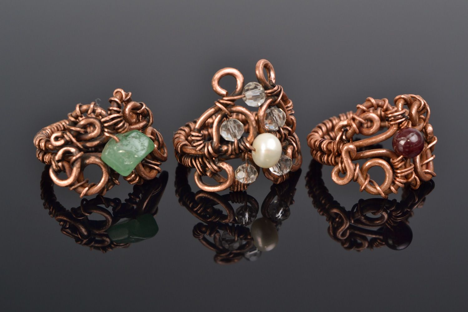 Set of 3 handmade designer wire wrap copper rings with natural stones for women photo 1