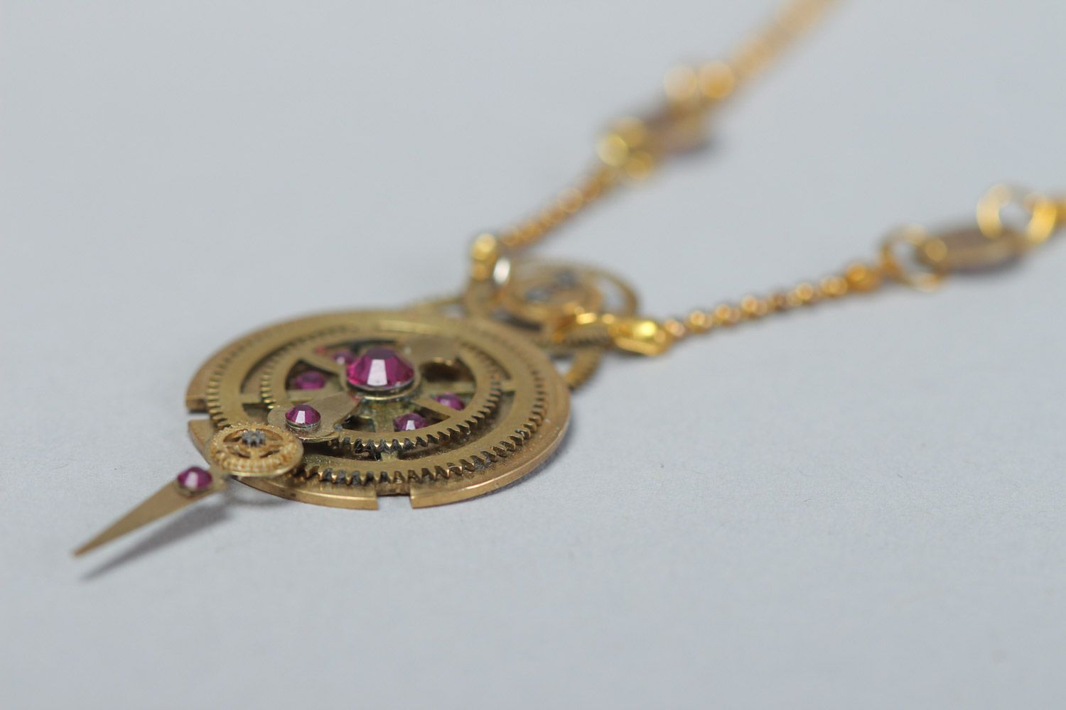 Handmade steampunk pendant with clockwork details and crystals on chain photo 2