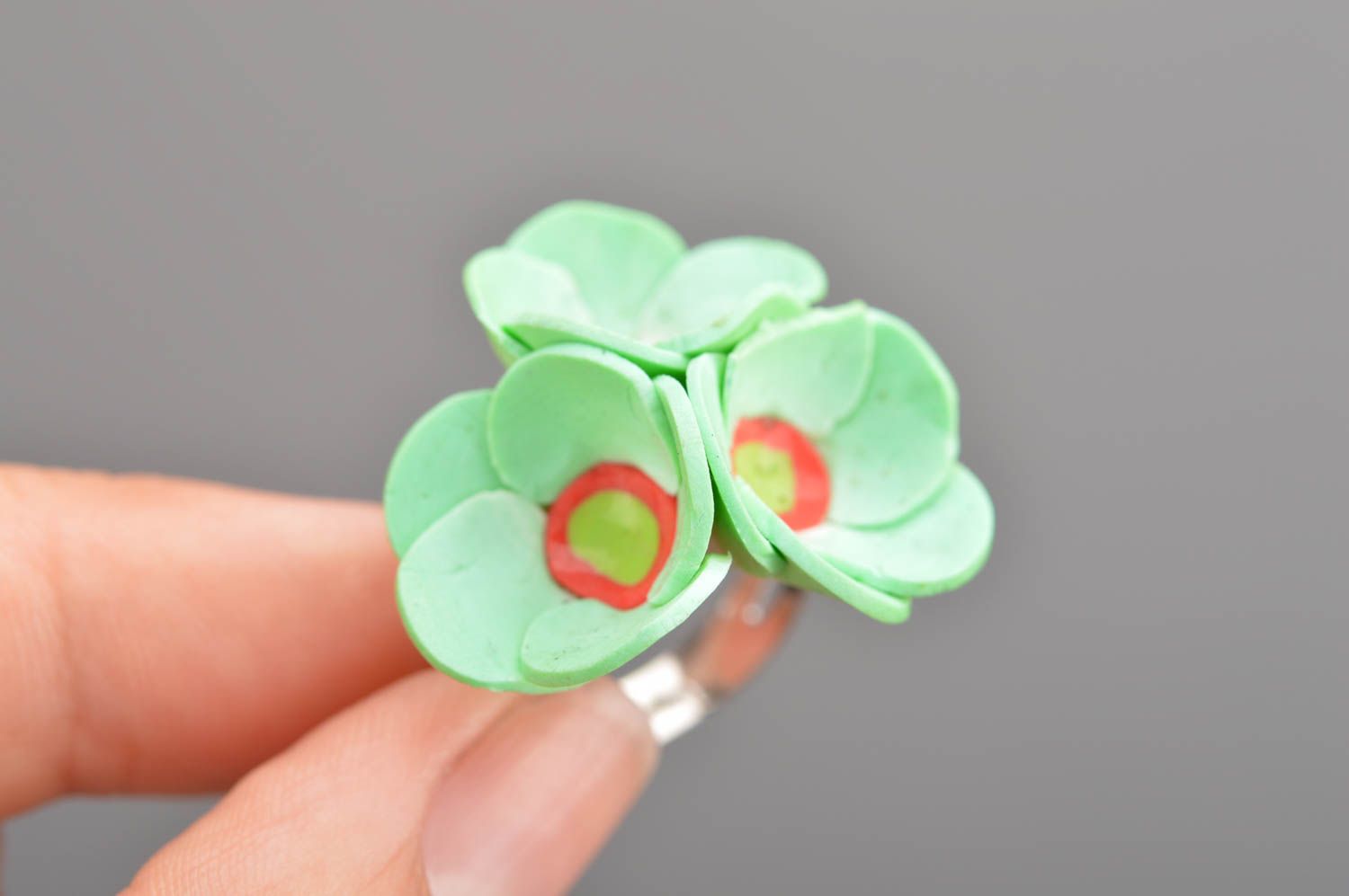 Handmade cute designer ring with tender green polymer clay water lily flowers photo 2