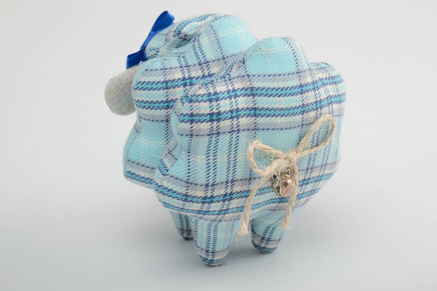 Handmade small blue checkered cotton and linen fabric soft toy lamb with bow photo 4