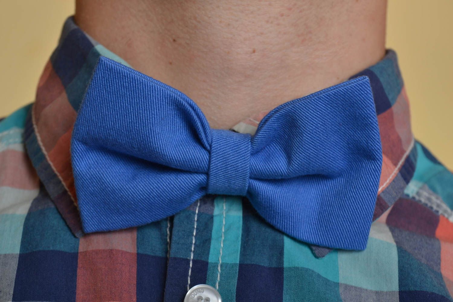 Beautiful bright handmade designer fabric bow tie of blue color photo 1