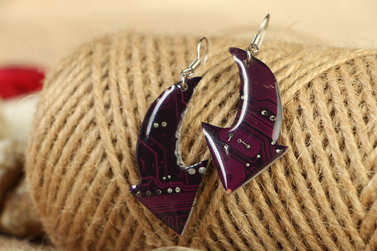 Violet cyberpunk earrings with microchips photo 5
