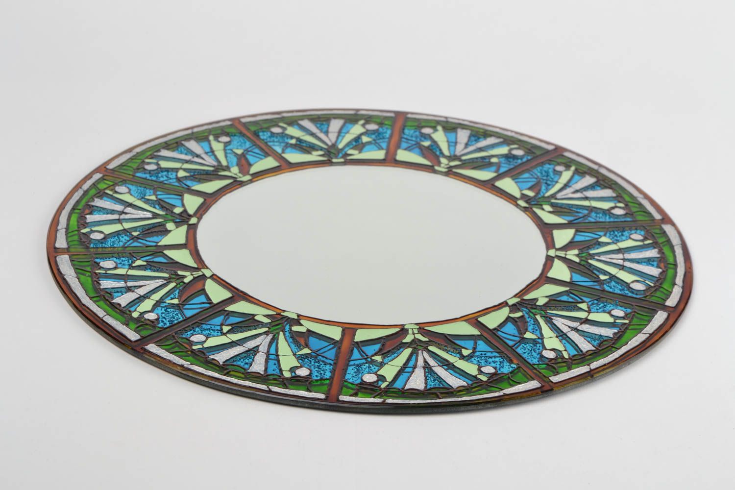 Handmade large round wall mirror with blue and green stained glass painting  photo 4