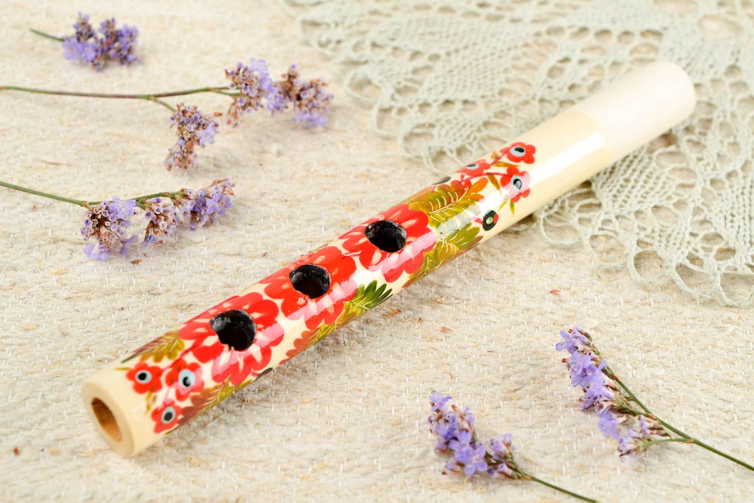 Sopilka Instrument de musique fait main en bois design floral Idée cadeau photo 1