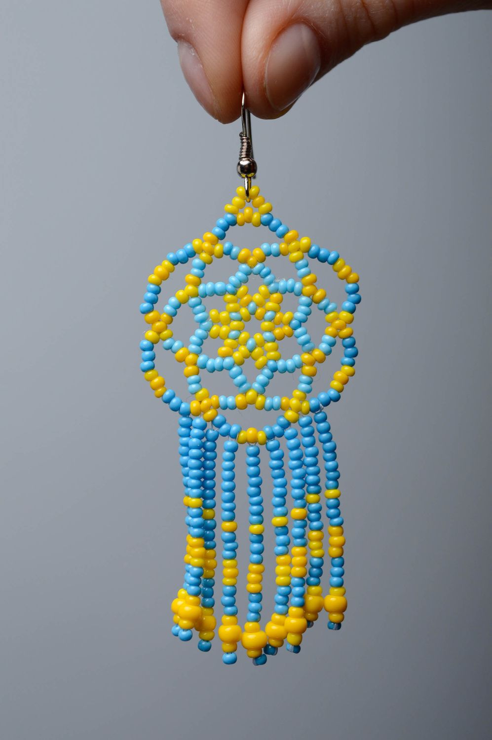 Large yellow and blue beaded earrings photo 3