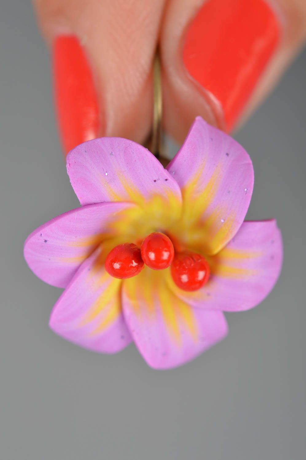 Handmade pink with yellow flower earrings made of polymer clay red stamens photo 3