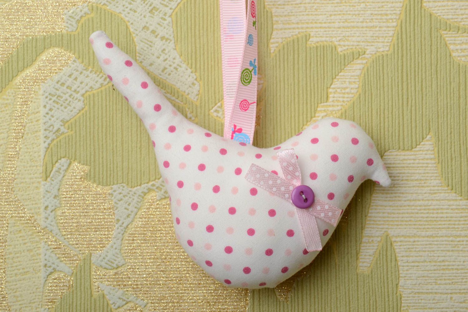 Handmade wall hanging decoration bird sewn of white and pink polka dot fabric  photo 1