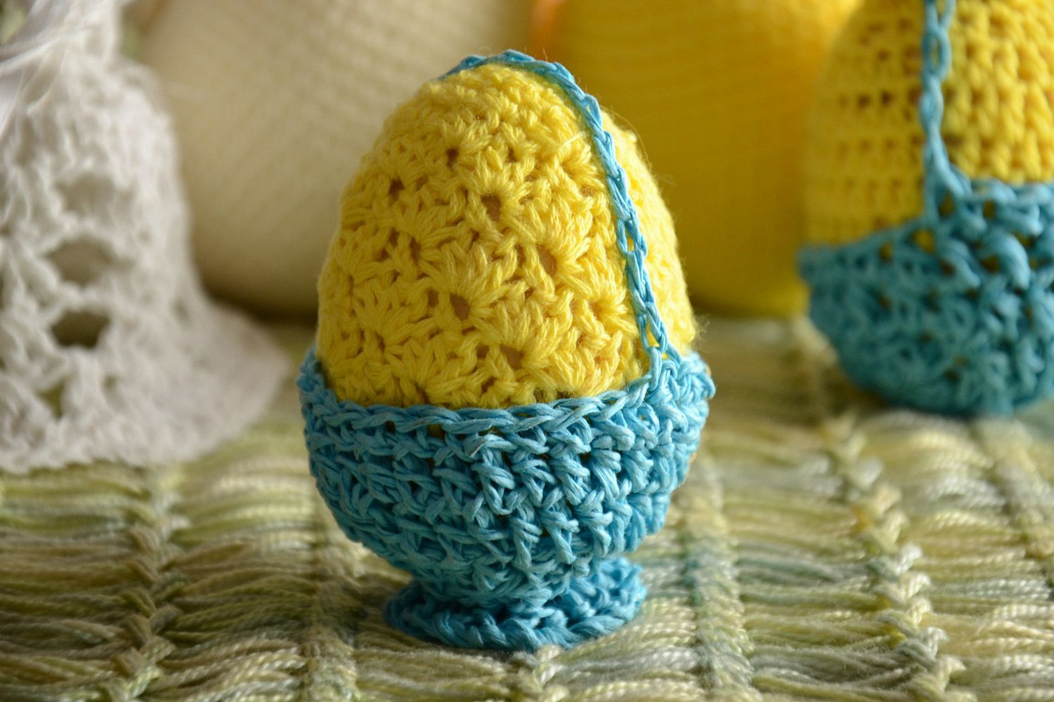 Handmade decorative wooden Easter egg crochet over with yellow and blue threads photo 1