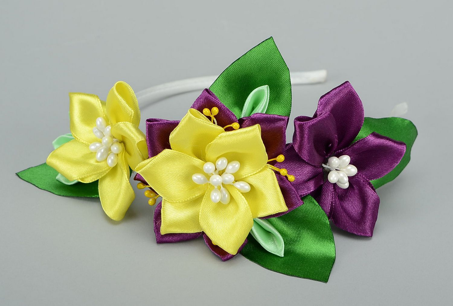 Headband, head wreath with satin flowers Yellow and violet photo 1