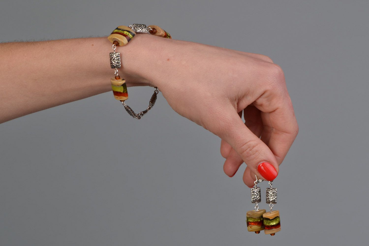 Ensemble de bracelet et boucles d'oreilles multicolore fait main lampwork  photo 2
