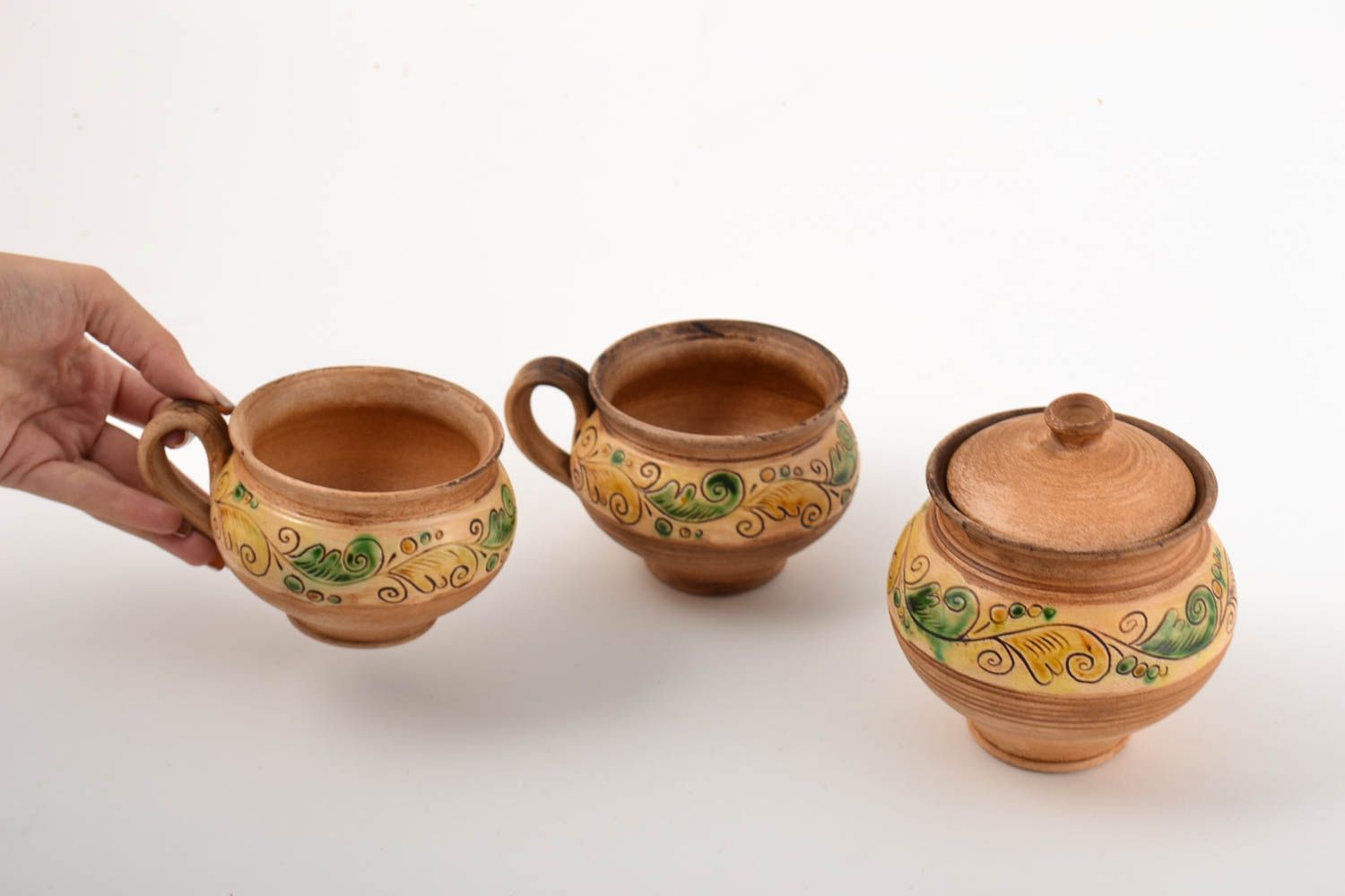 Decorative pottery set of 2 two 10 oz cups and ceramic 13 oz pot with lid with green and beige color photo 5