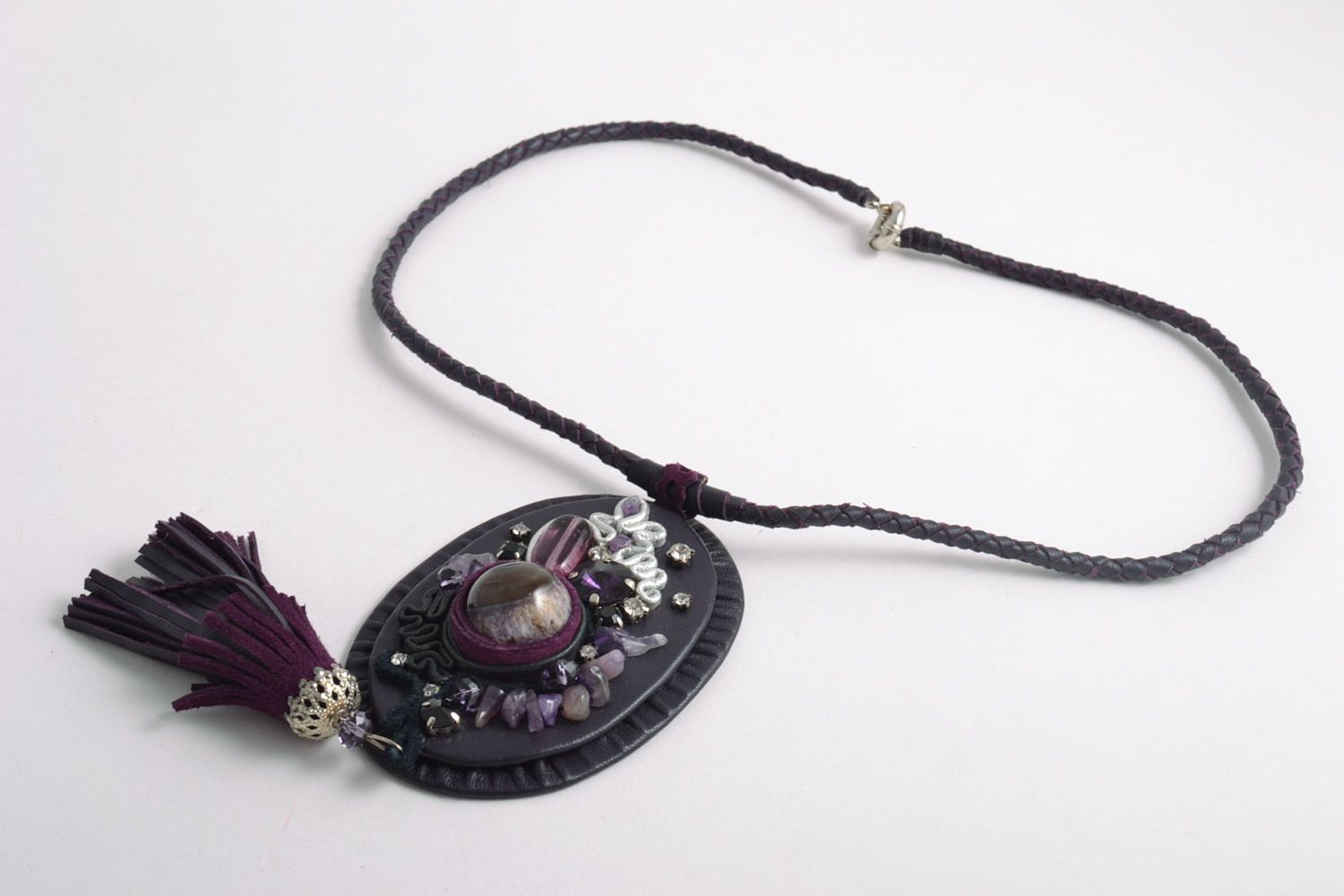 Handmade beautiful leather pendant on a long cord with with natural amethyst stone photo 5