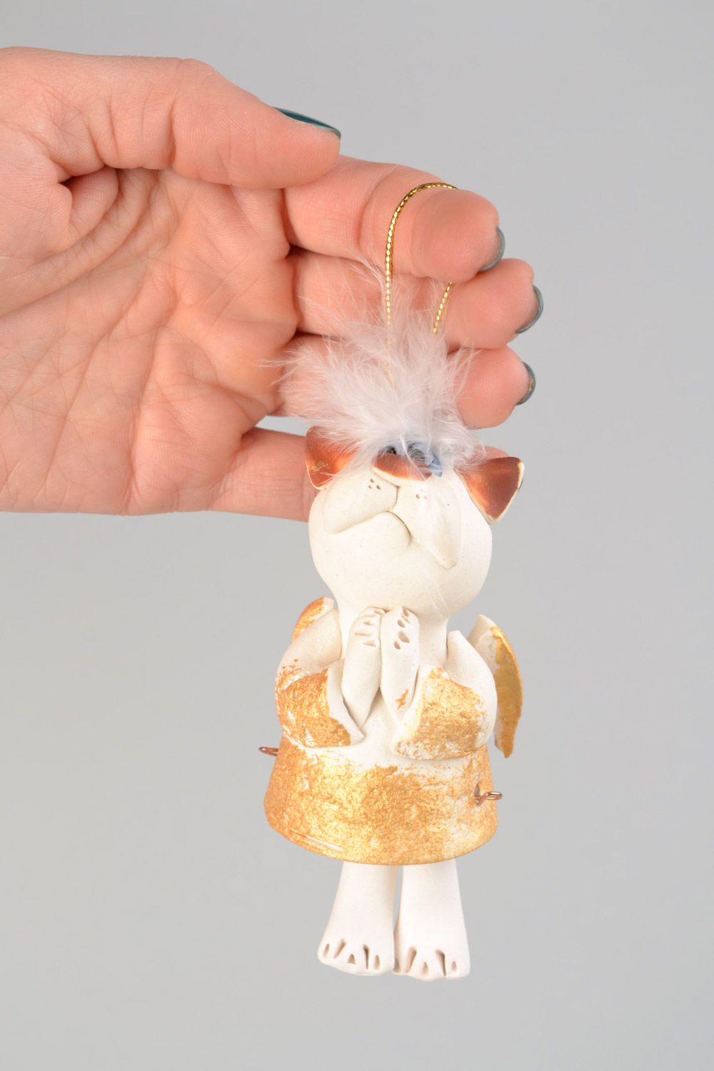 Campanilla cerámica hecha a mano con ojal gato ángel pequeño foto 1