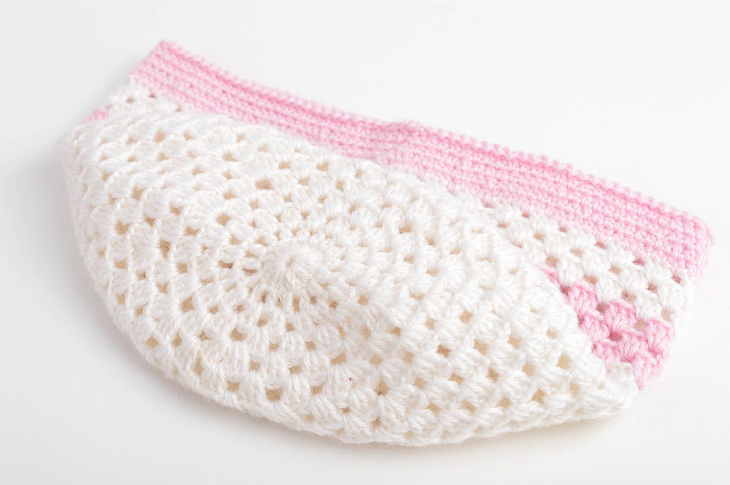 Bonnet tricot fait main Chapeau au crochet blanc rose fleurs Vêtement fille photo 4