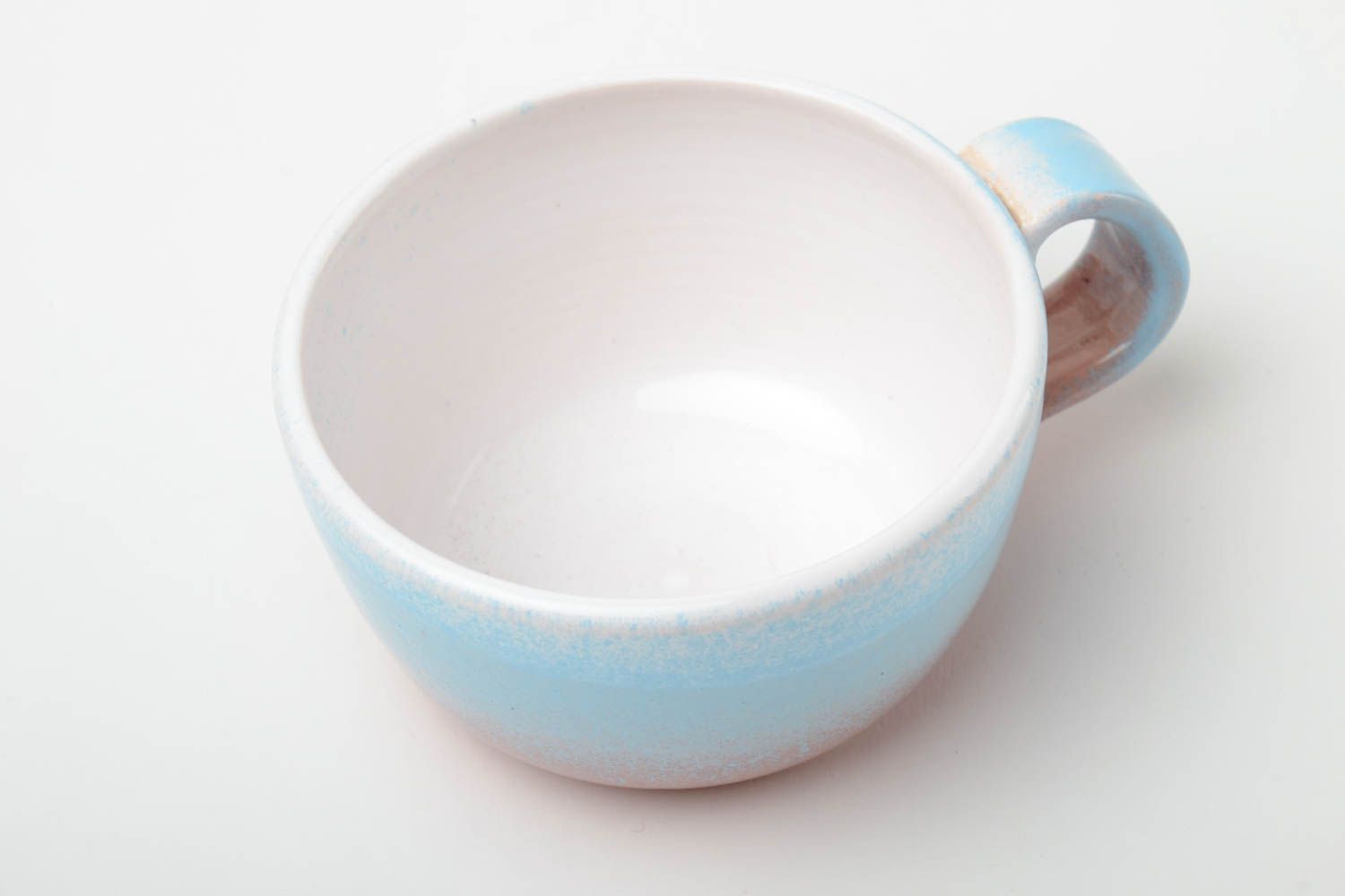 Large 12 oz glazed handmade flat clay teacup in blue color with handle  photo 3
