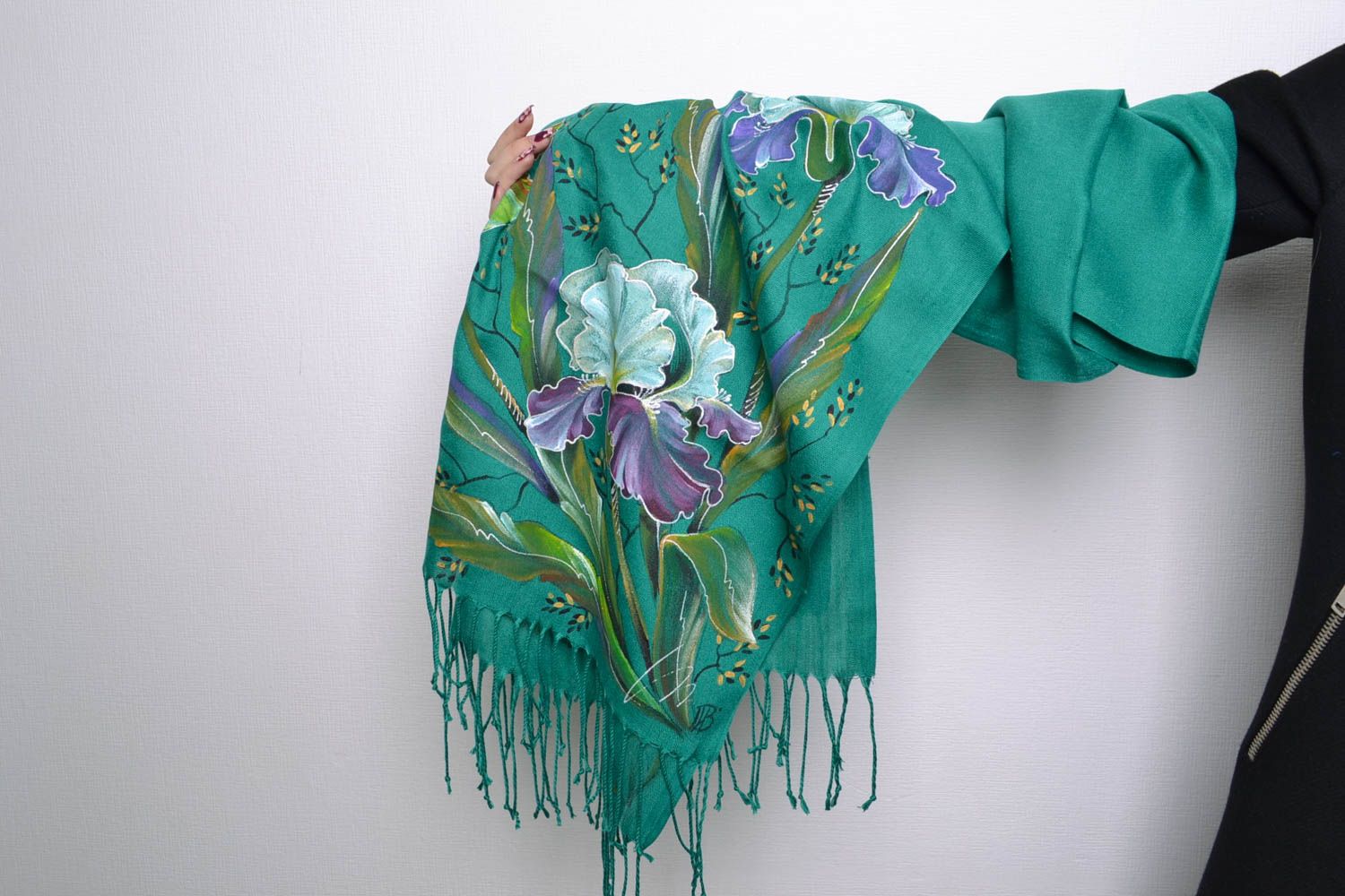 Длинный шарф с цветами кашемировый зеленый  фото 5