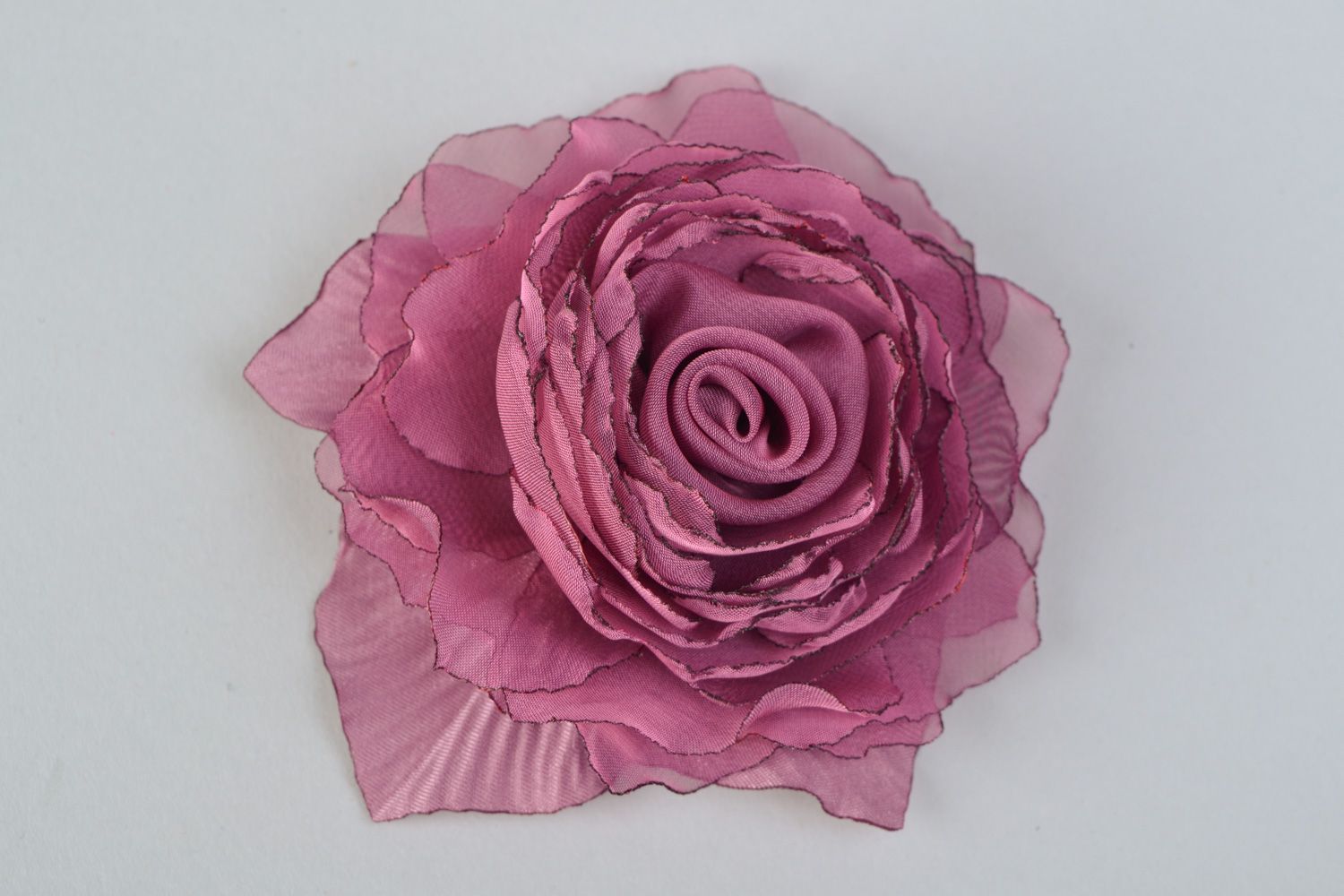 Broche et barrette en tissu faite main en mousseline de soie et satin Rose photo 3
