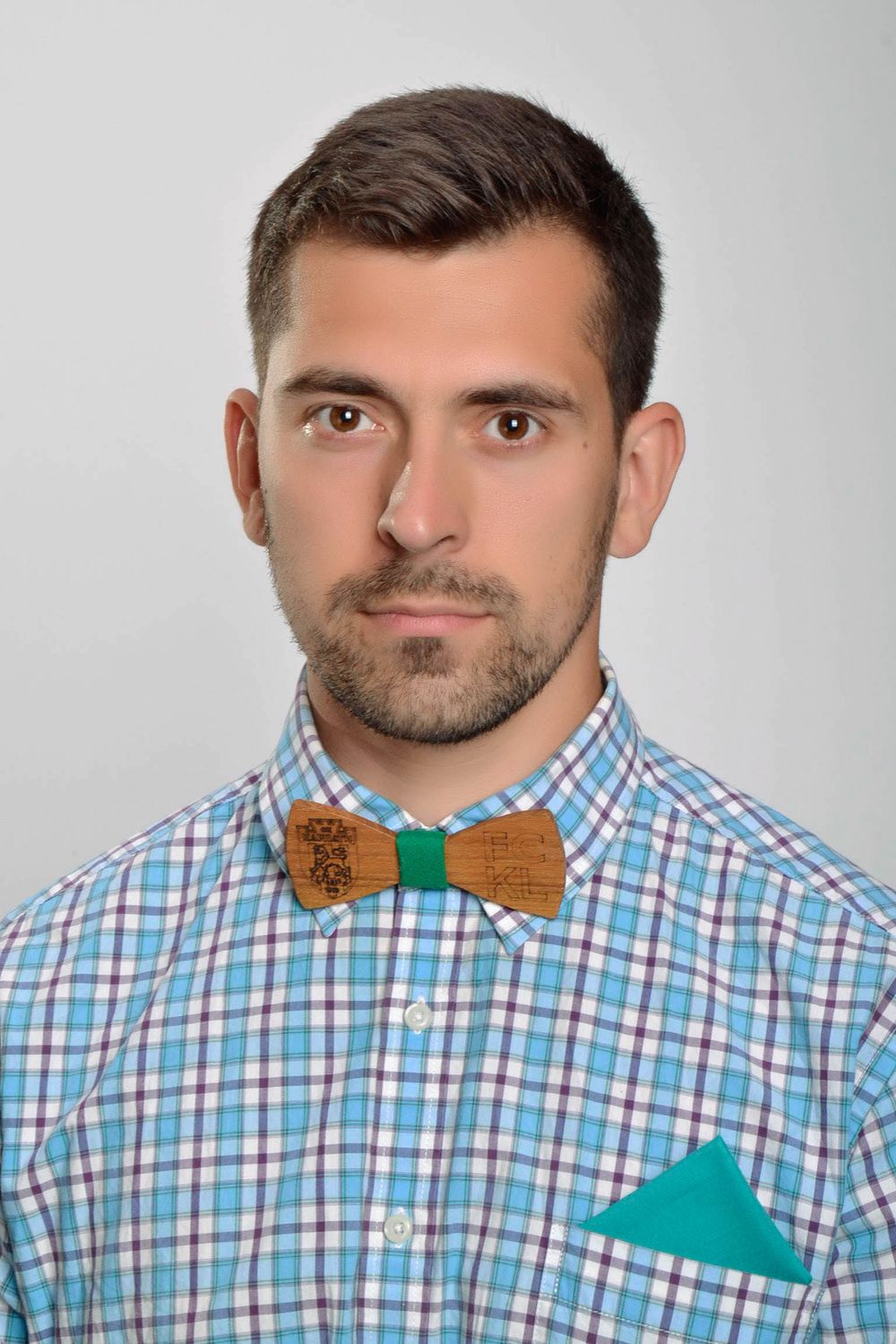 Wooden bow tie and handkerchief Turquoise photo 2
