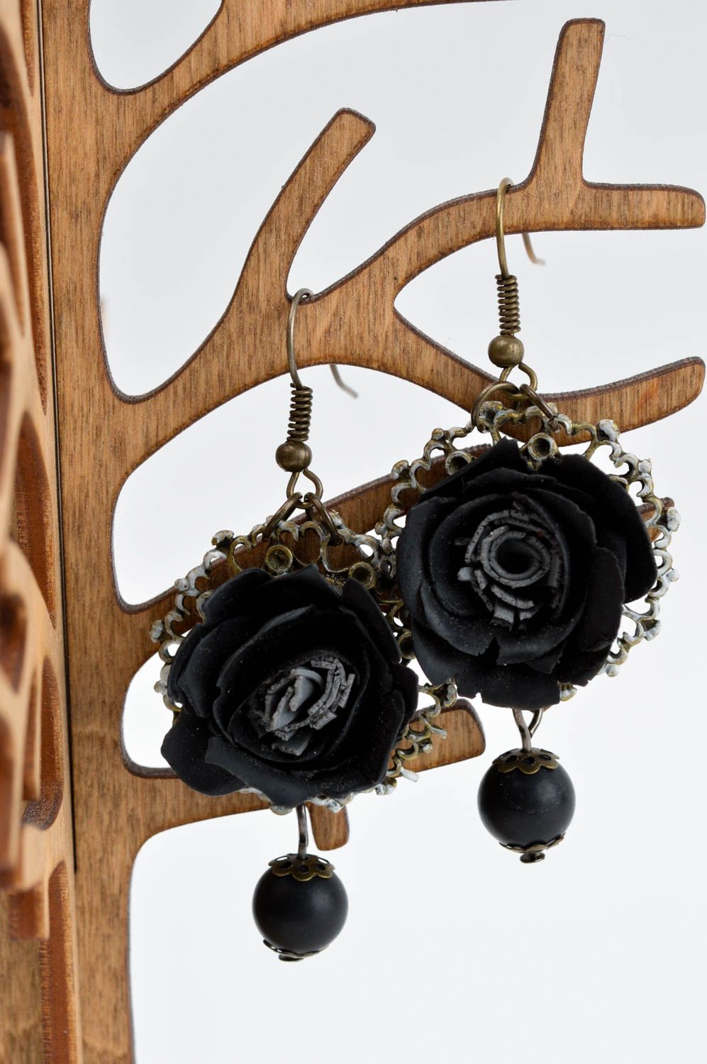 Handmade black flower earrings elegant evening accessory polymer clay jewelry photo 1