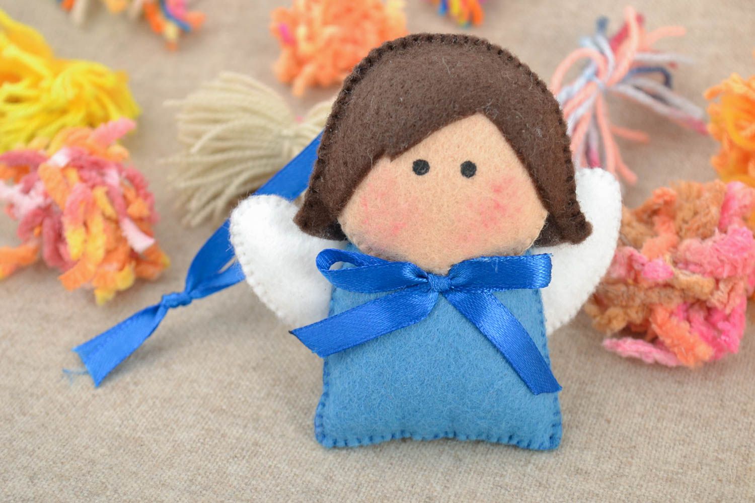 Beautiful blue handmade small fabric soft toy angel with eyelet photo 1