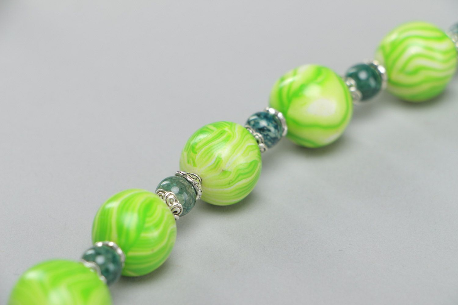 Handmade summer-like bright long polymer clay bead necklace of green color  photo 4