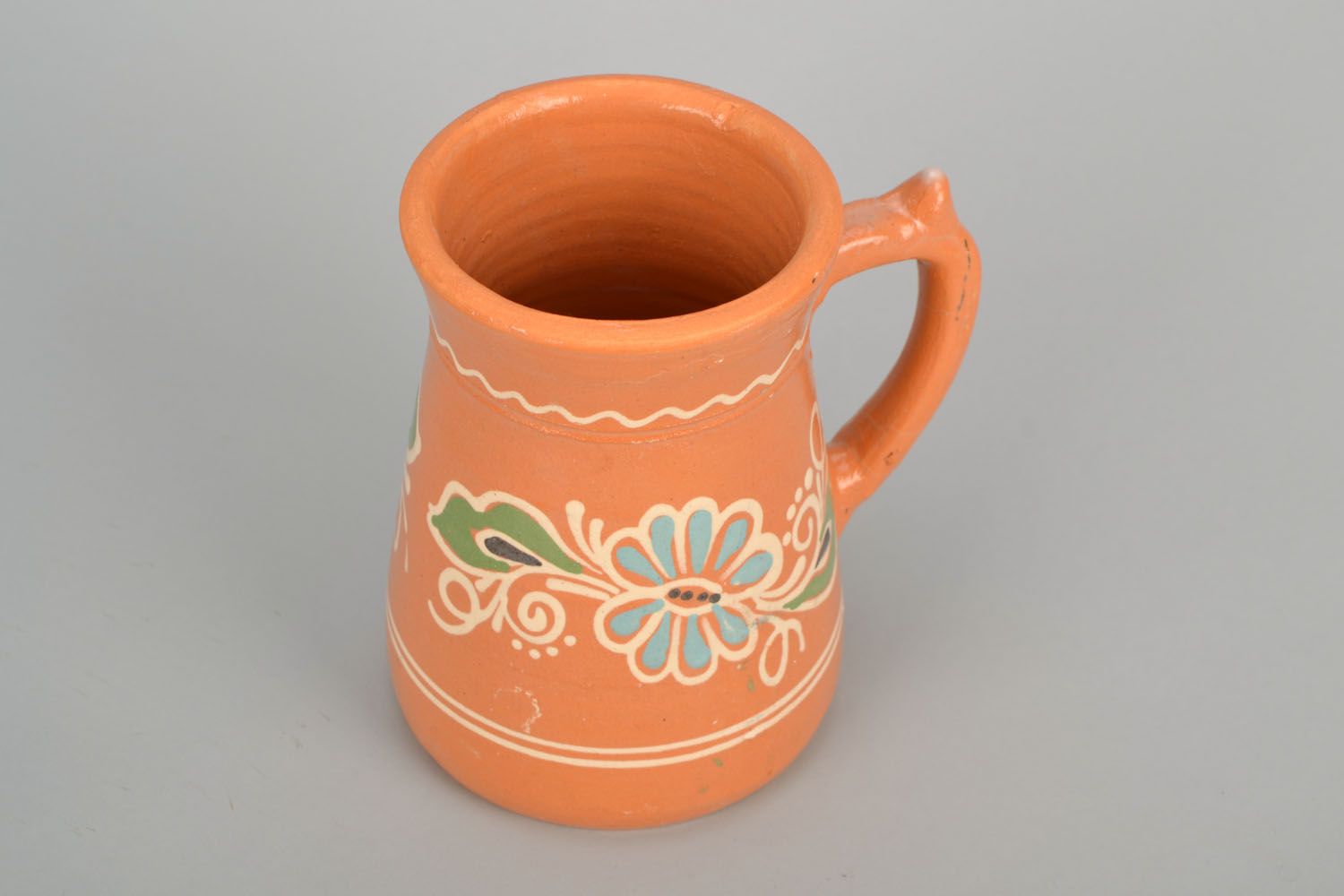 Large clay glazed beer, coffee, tea glazed cup with handle and floral pattern photo 4