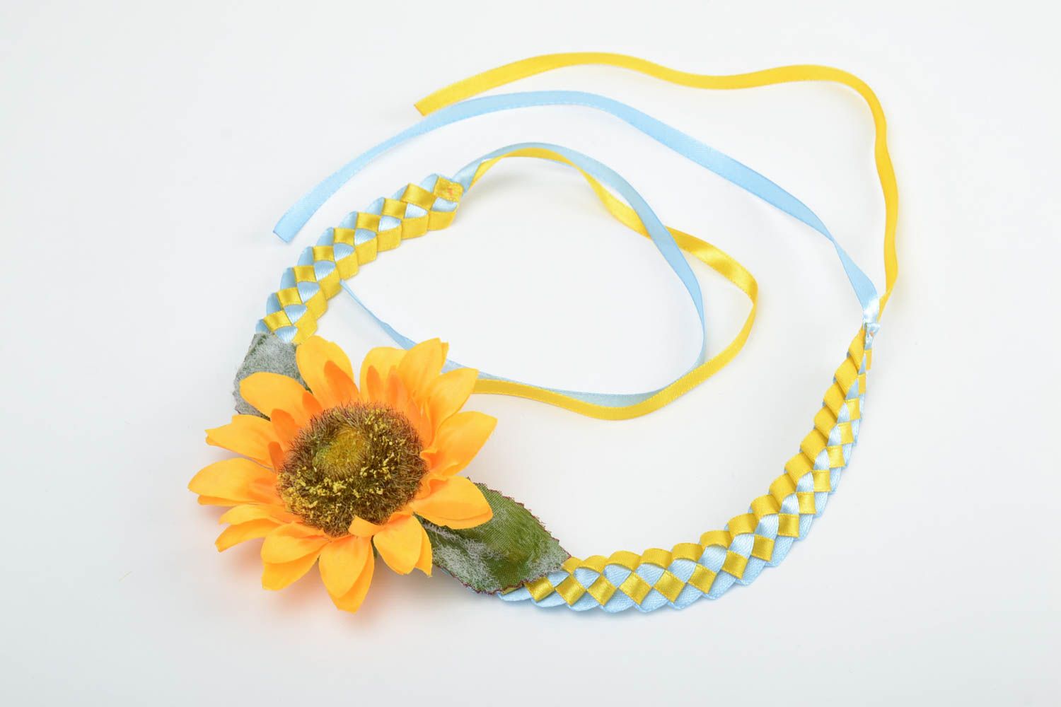 Handmade decorative colorful satin ribbon woven headband with volume sunflower photo 2