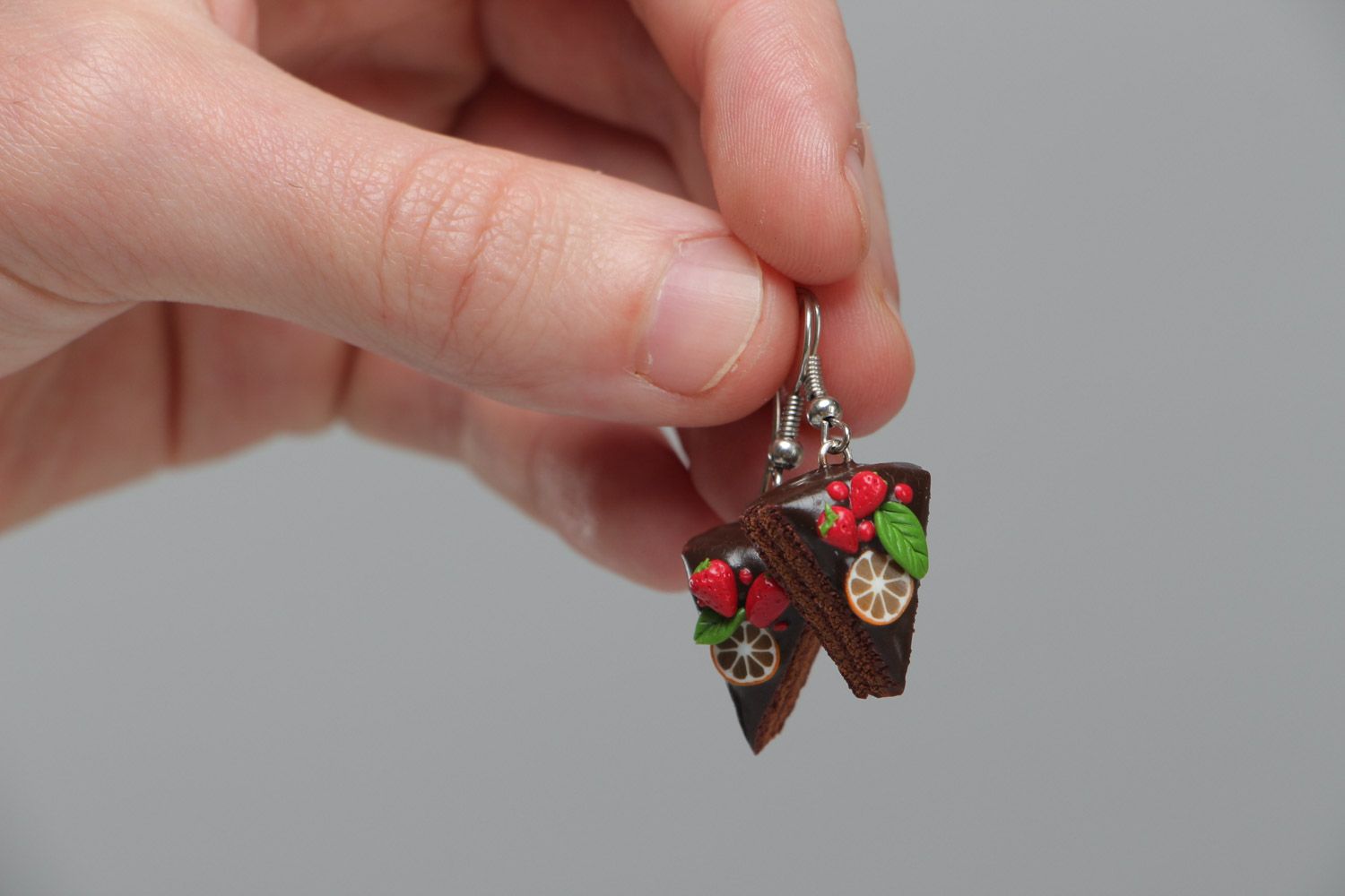Handmade polymer clay earrings in the shape of pieces of brown cakes  photo 4