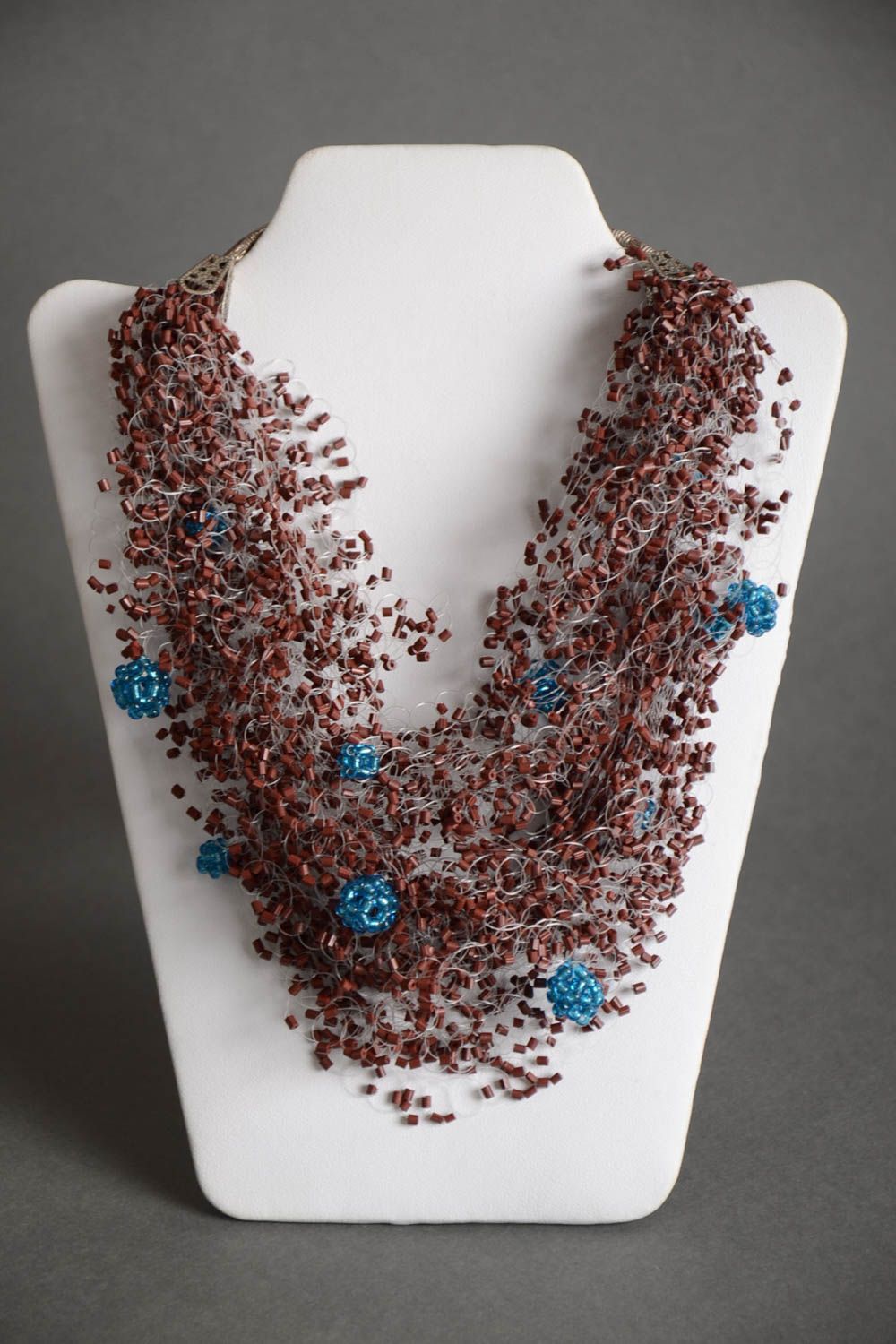 Handmade designer brown and blue airy volume necklace crocheted of Czech beads photo 2