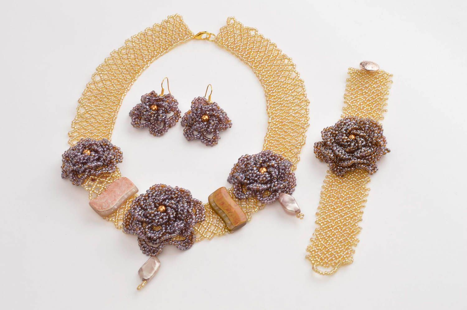 Handmade beaded necklace earrings bracelet designs artisan jewelry set photo 3