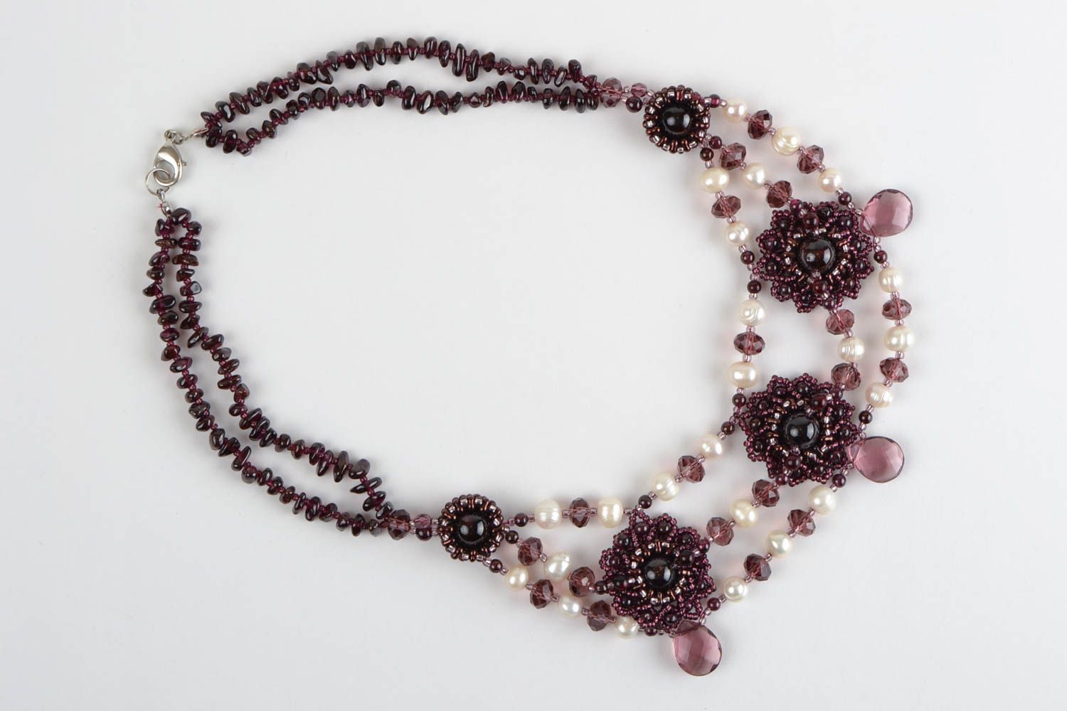 Handmade dark woven volume beaded women's designer necklace with natural stones photo 2