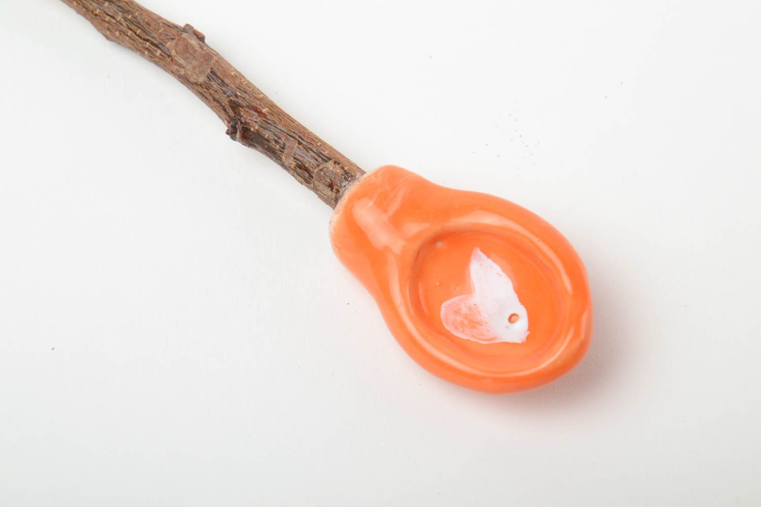 Handmade designer orange clay spoon with apricot wood handle  photo 2