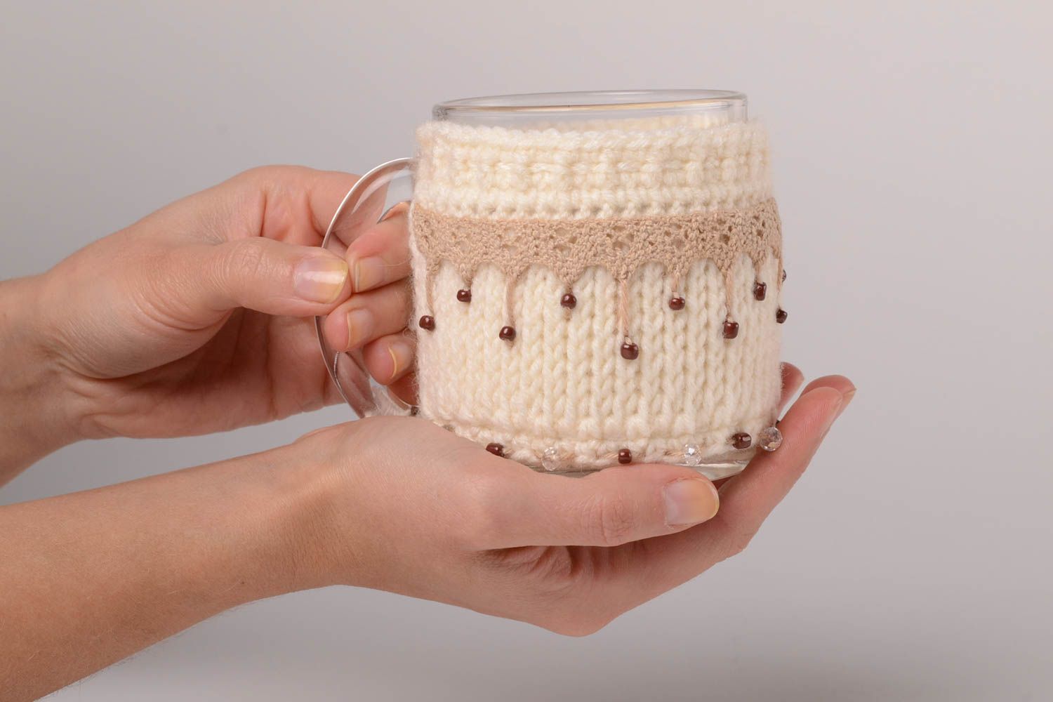 Couvre-tasse tricot fait main Pull pour mug original cadeau acrylique dentelle photo 2