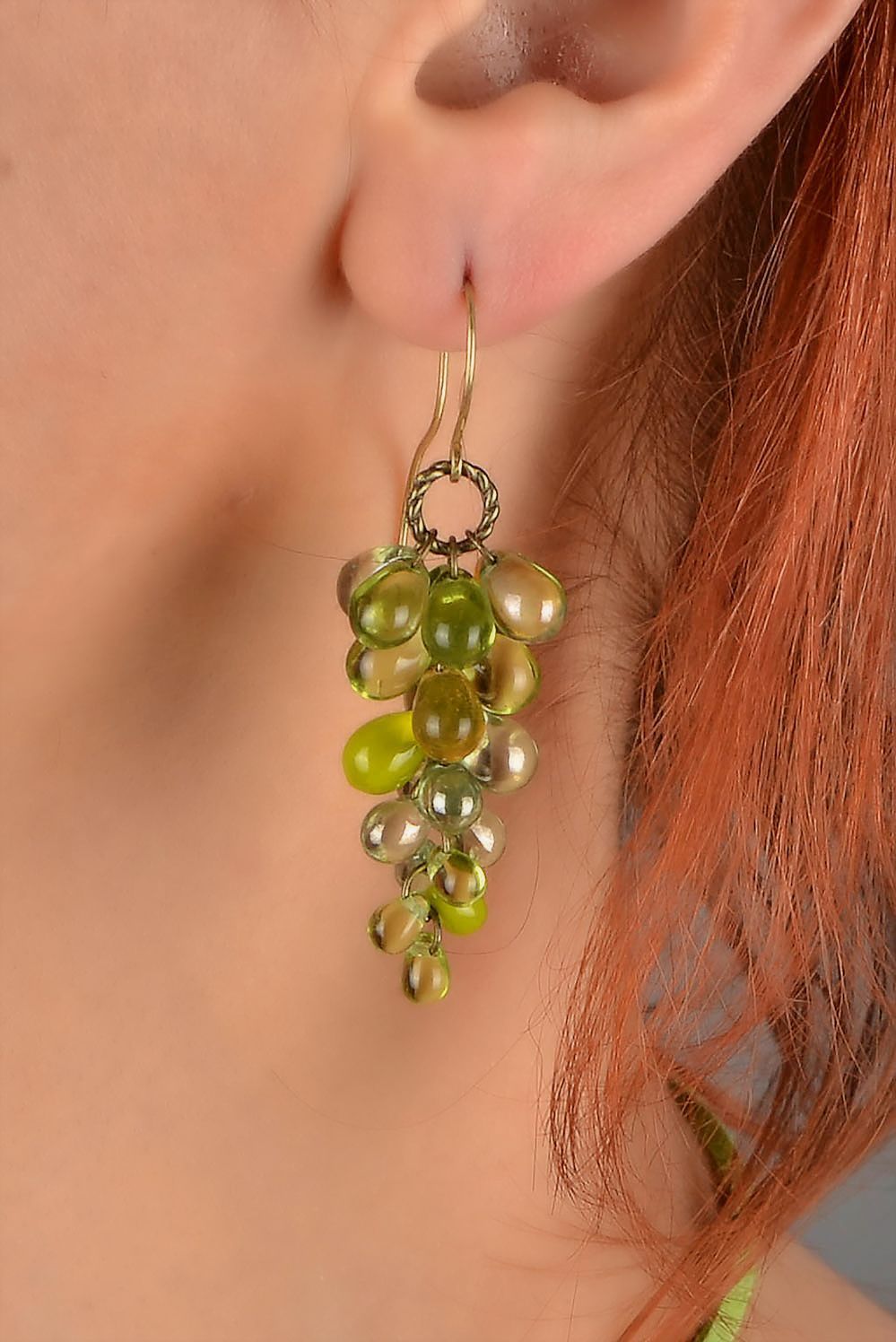 Handmade designer long glass bead earrings Green Grapes  photo 5