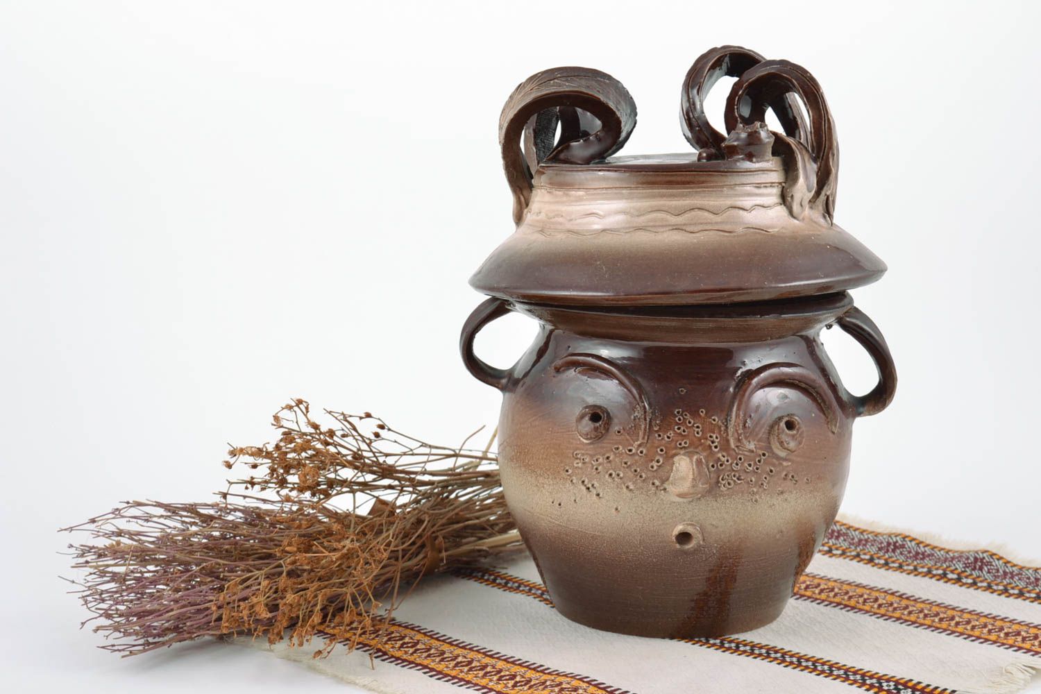 Designer handmade pot for spices made of clay brown glaze pottery 1.5 liters photo 1