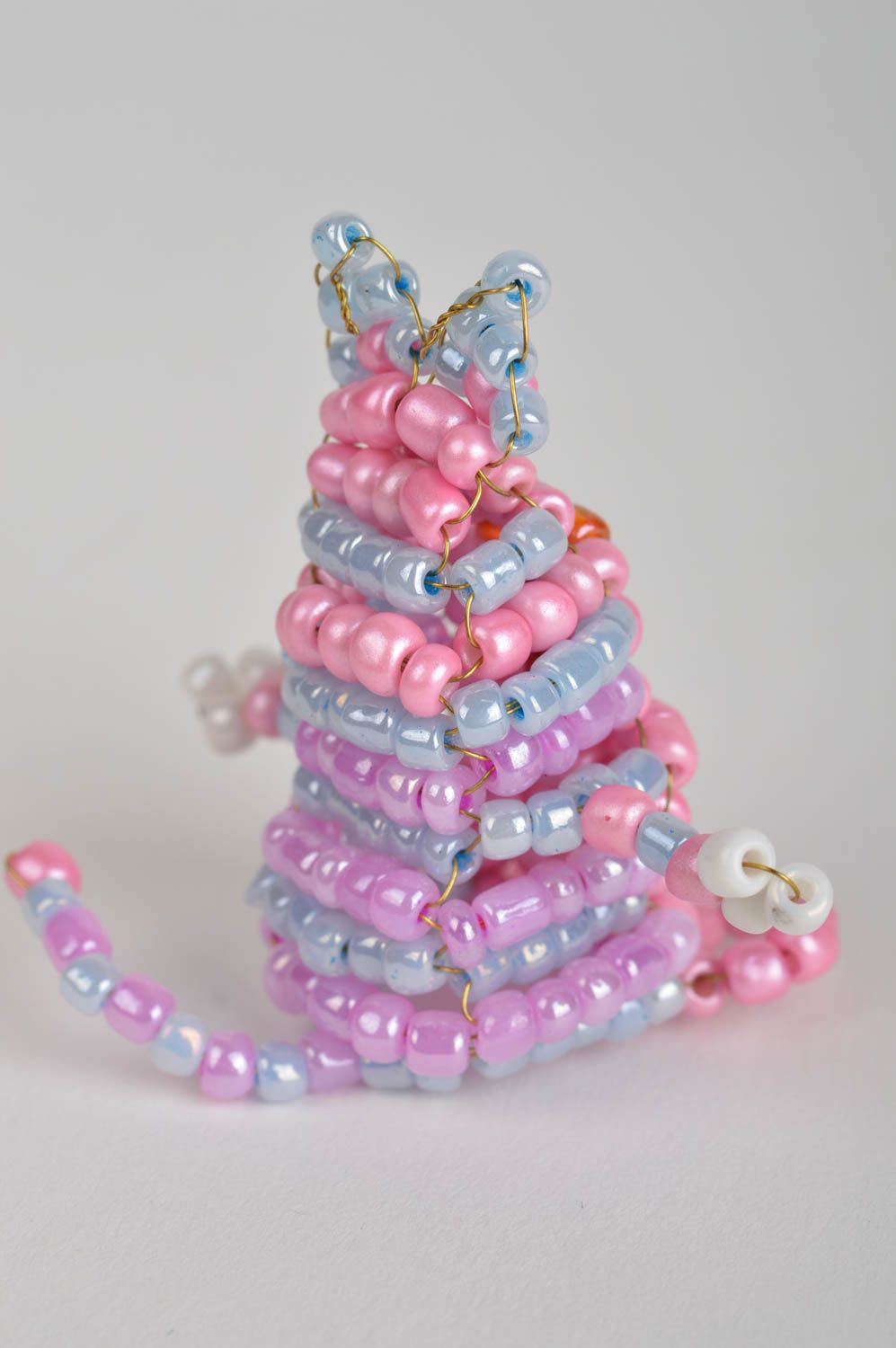 Handmade designer bead woven finger puppet pink kitten for home theater photo 4