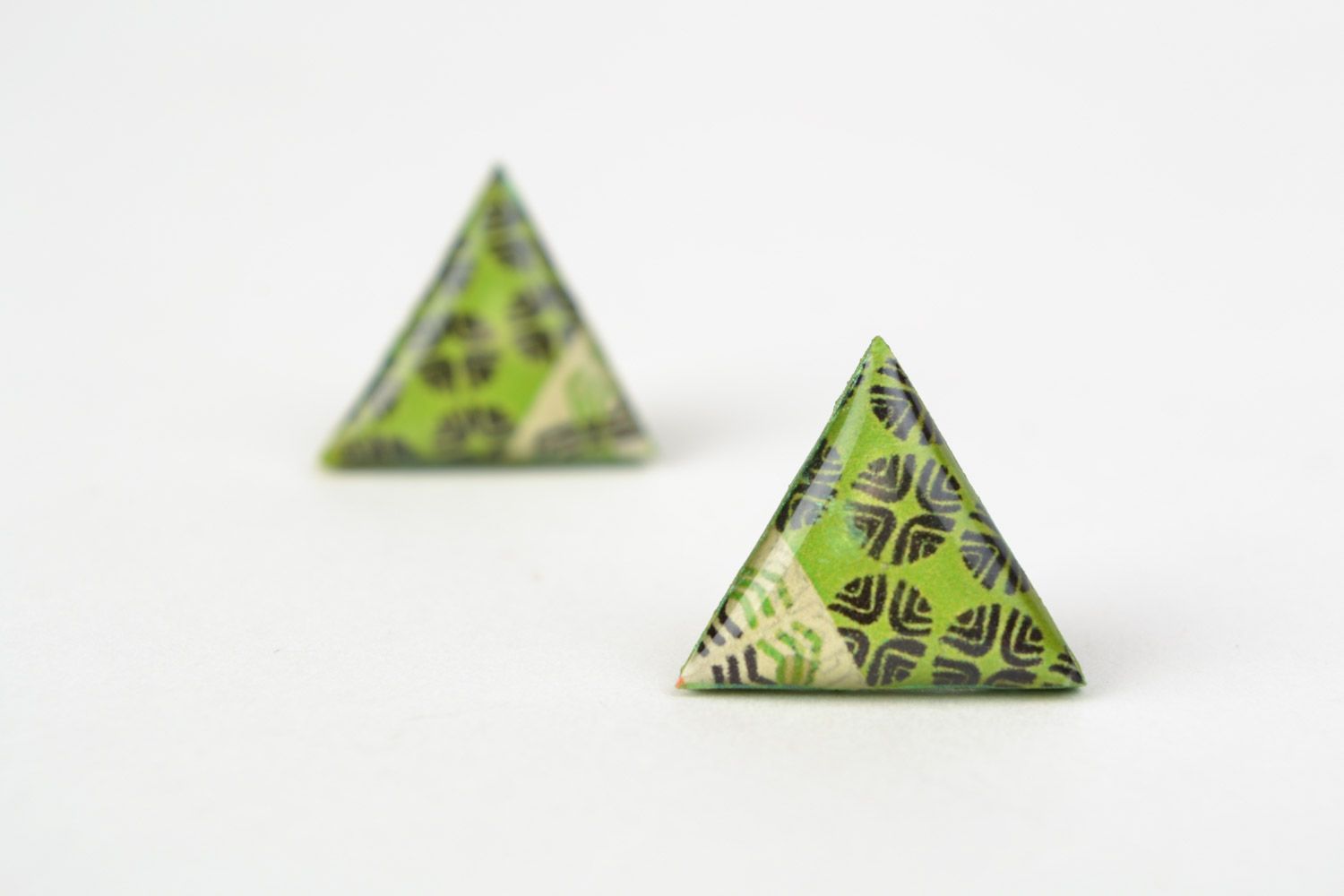 Unusual handmade jewelry glaze stud earrings with patterns of lime color photo 5