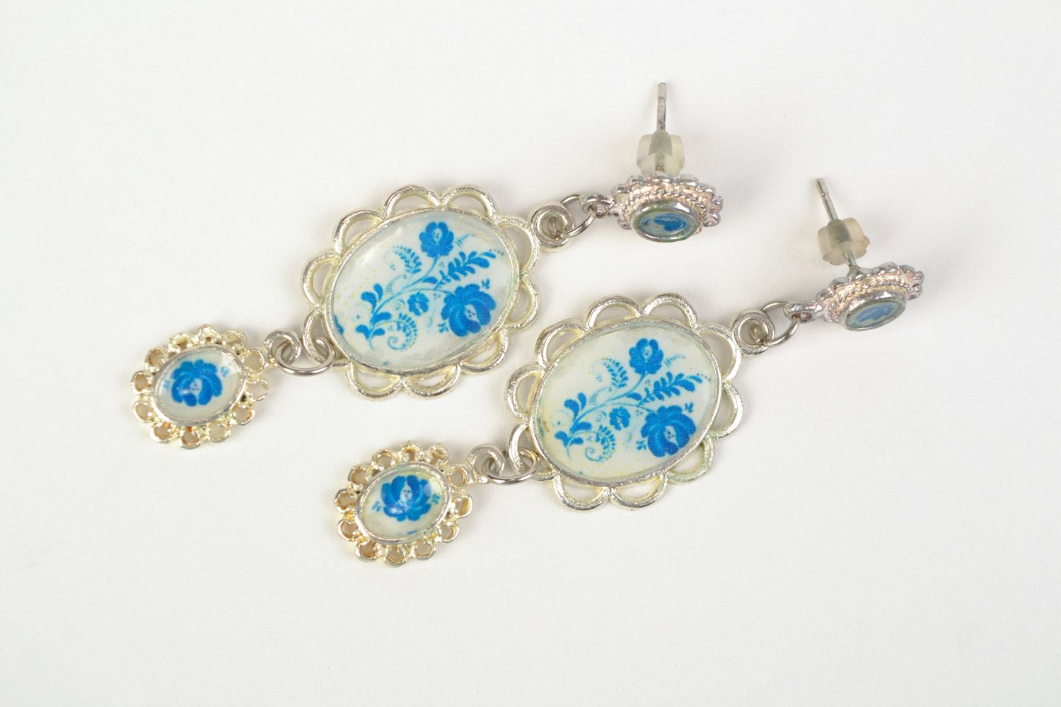 Handmade long vintage earrings with jewelry epoxy resin in blue color palette photo 1