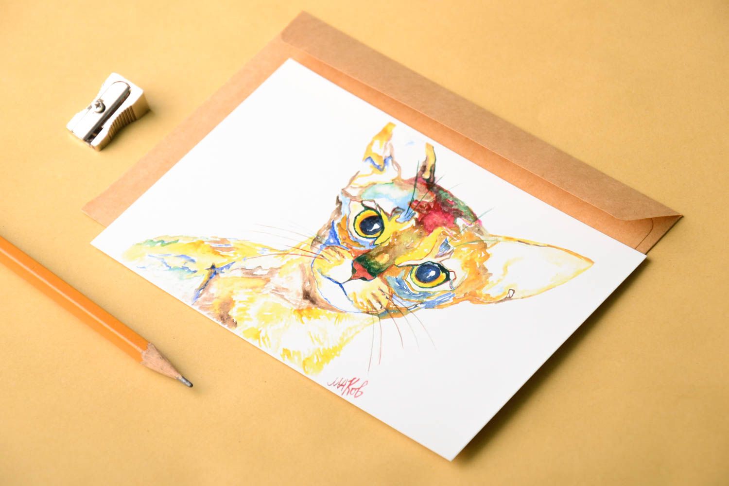 Carte de voeux papier faite main blanche avec chat multicolore Cadeau original photo 1