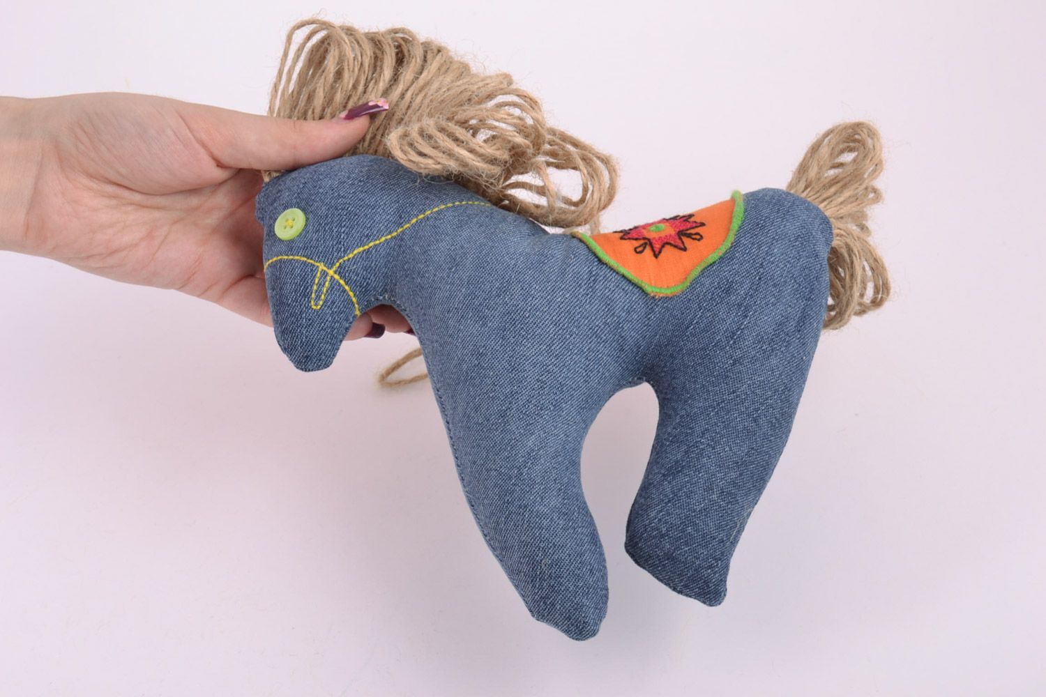 Handmade children's fabric soft toy with buckwheat husk filling Blue Horse  photo 5