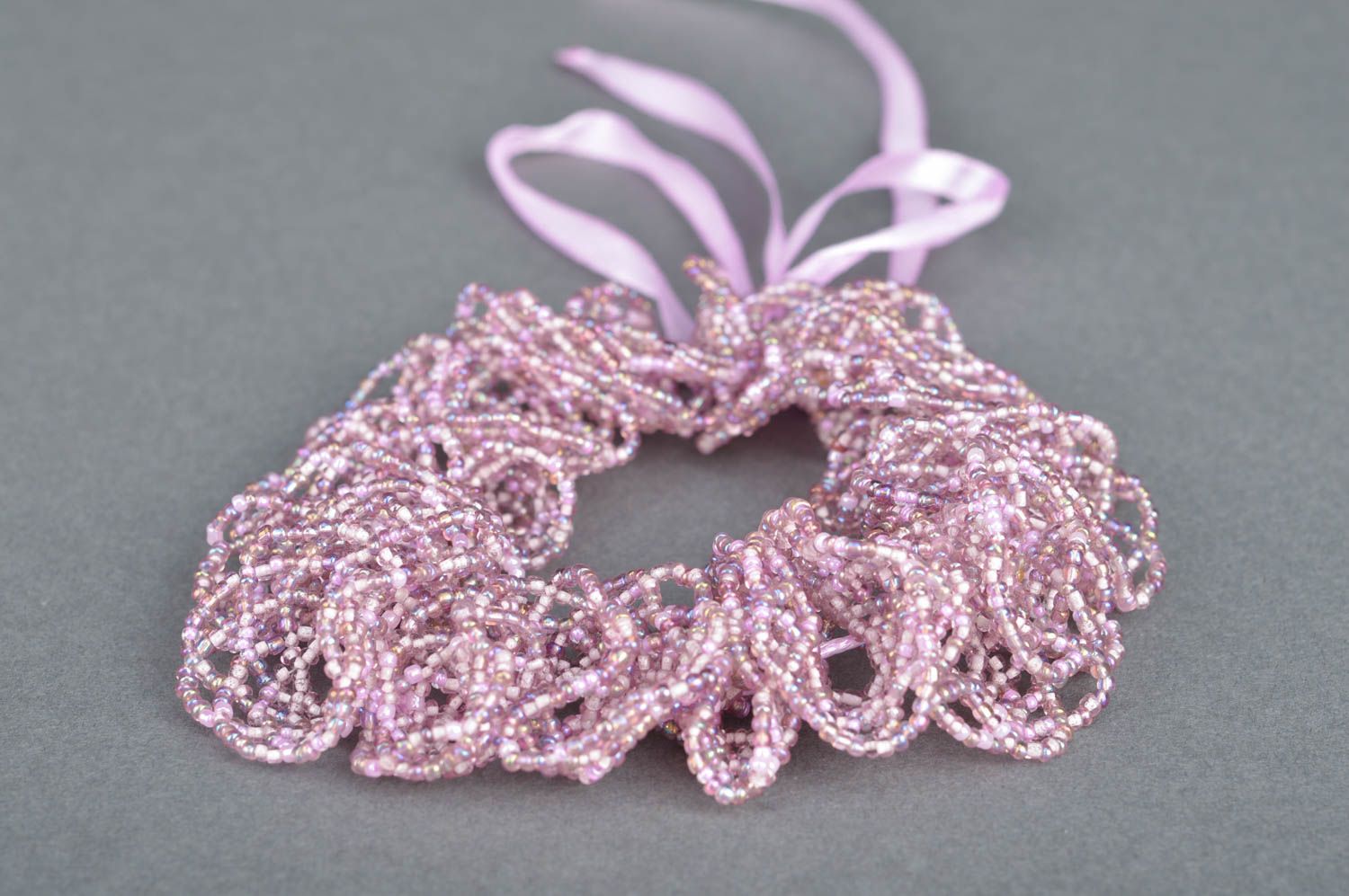 Beautiful handmade designer lilac beaded lace bracelet with ribbons photo 5