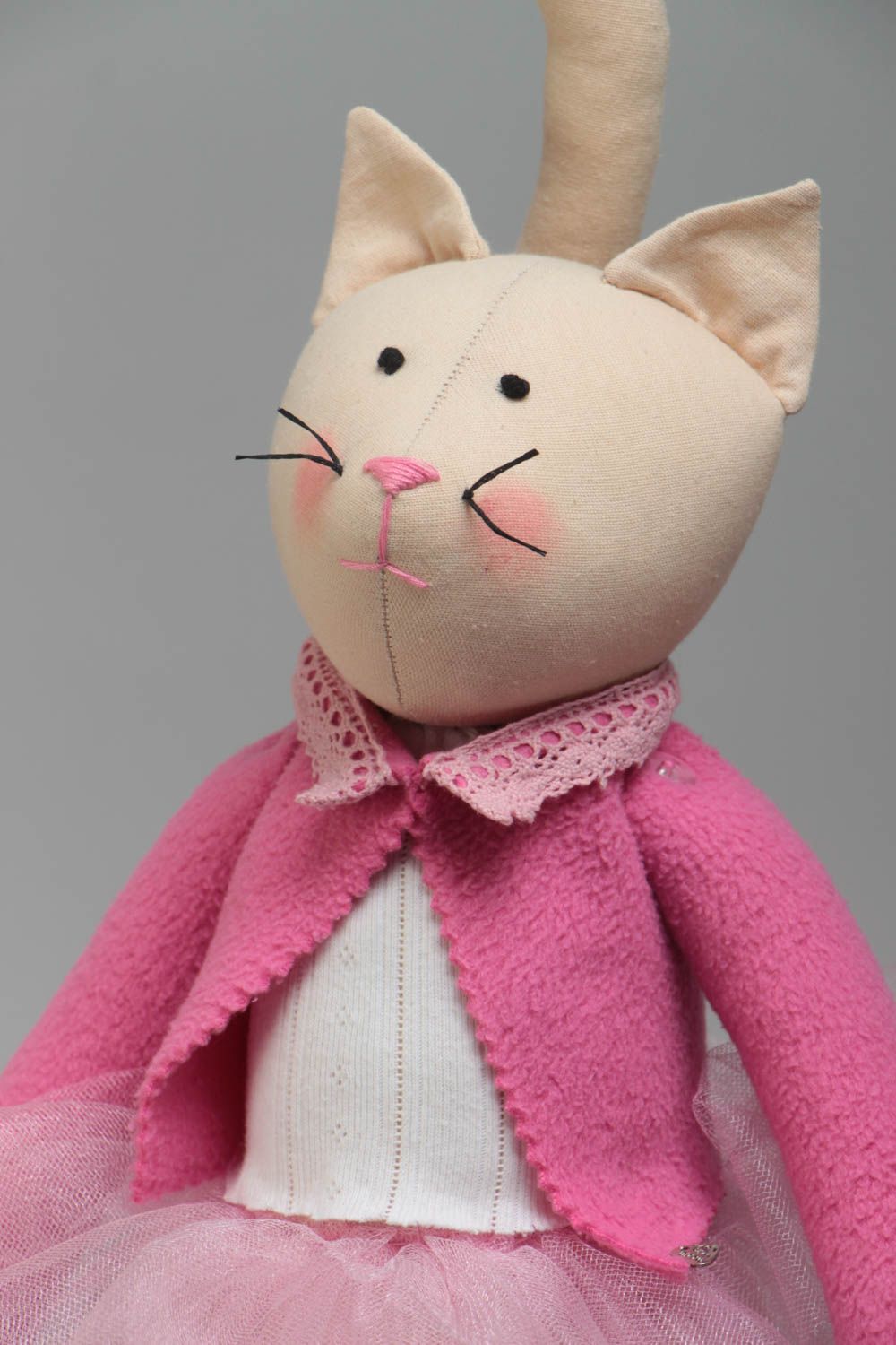 Handmade designer cotton and fleece fabric soft toy cat in pink tutu skirt  photo 3