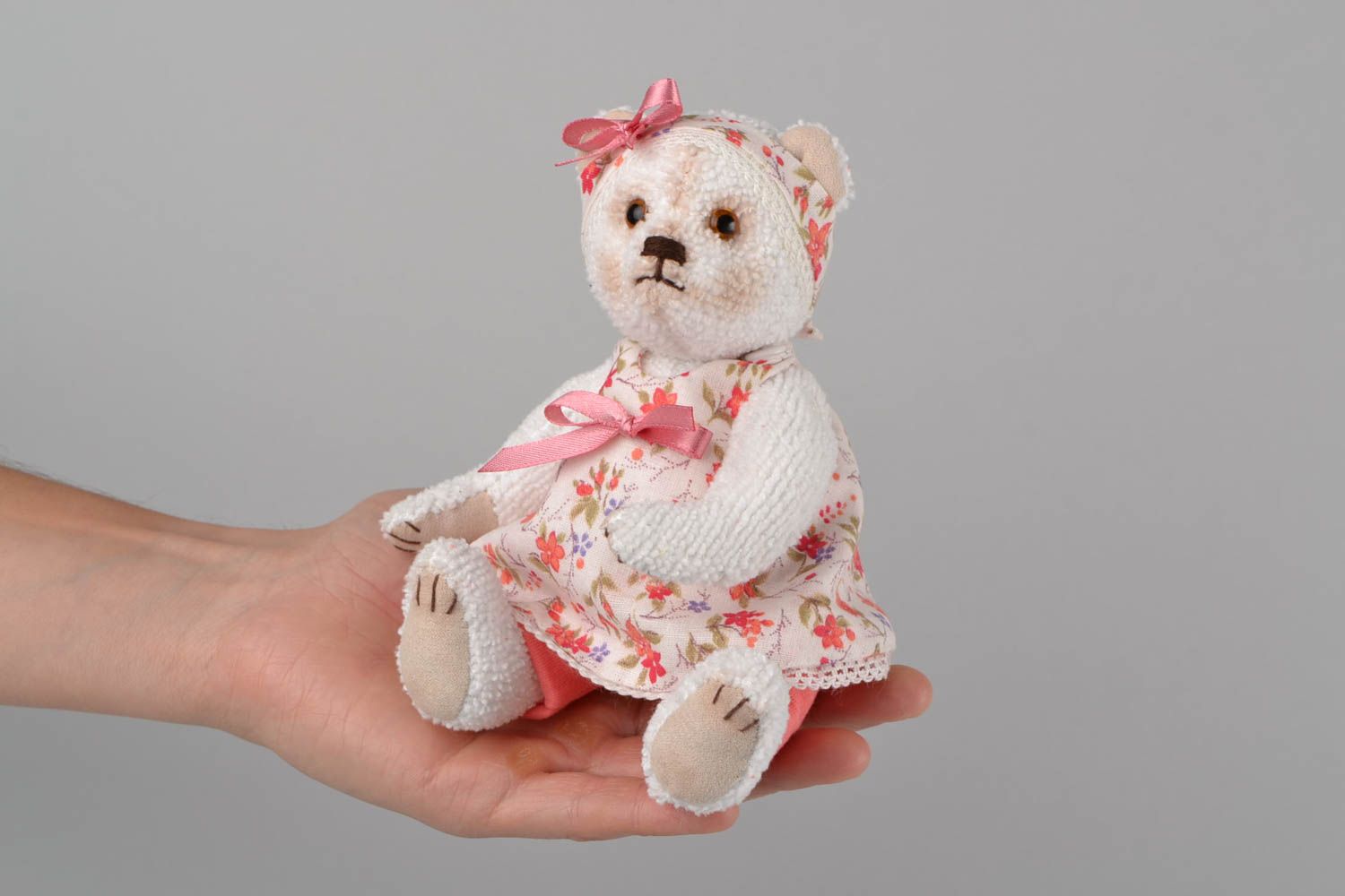 Handmade designer small fabric soft toy white bear in floral dress with headband photo 2