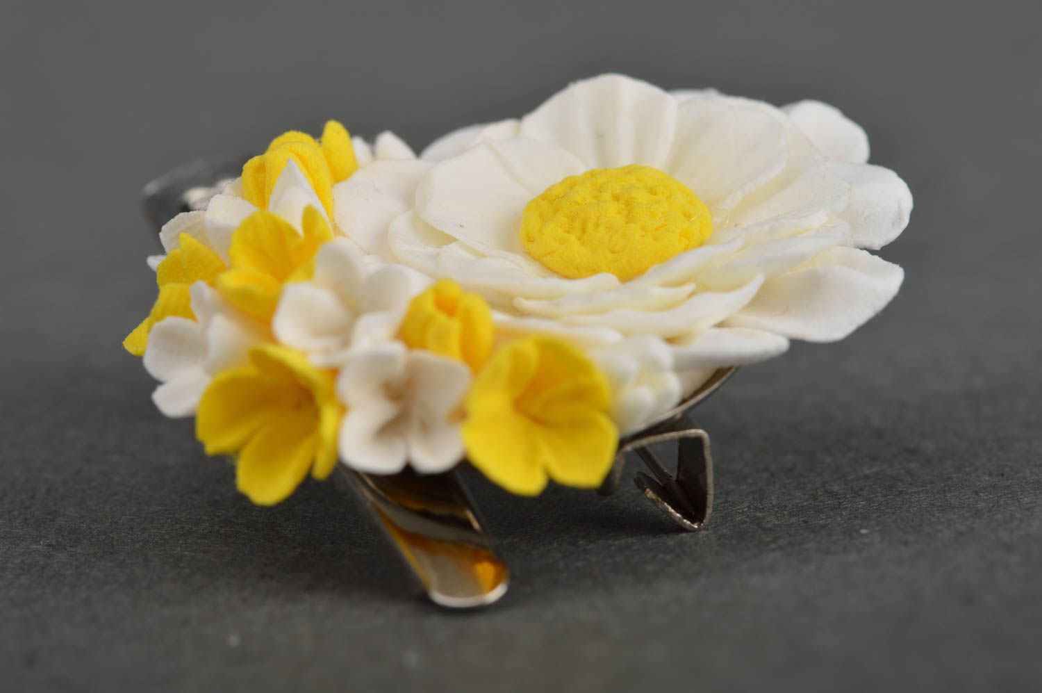 Beautiful white and yellow handmade design polymer clay flower brooch hair clip photo 4