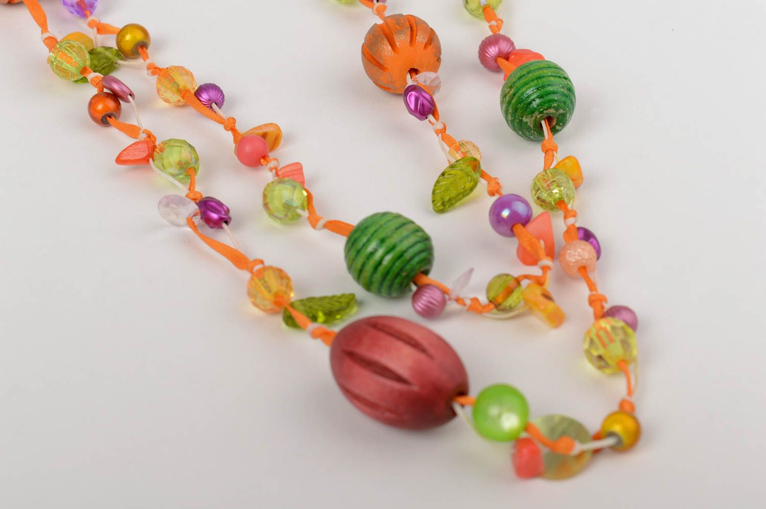 Handmade long designer necklace with colorful wooden and plastic beads photo 3